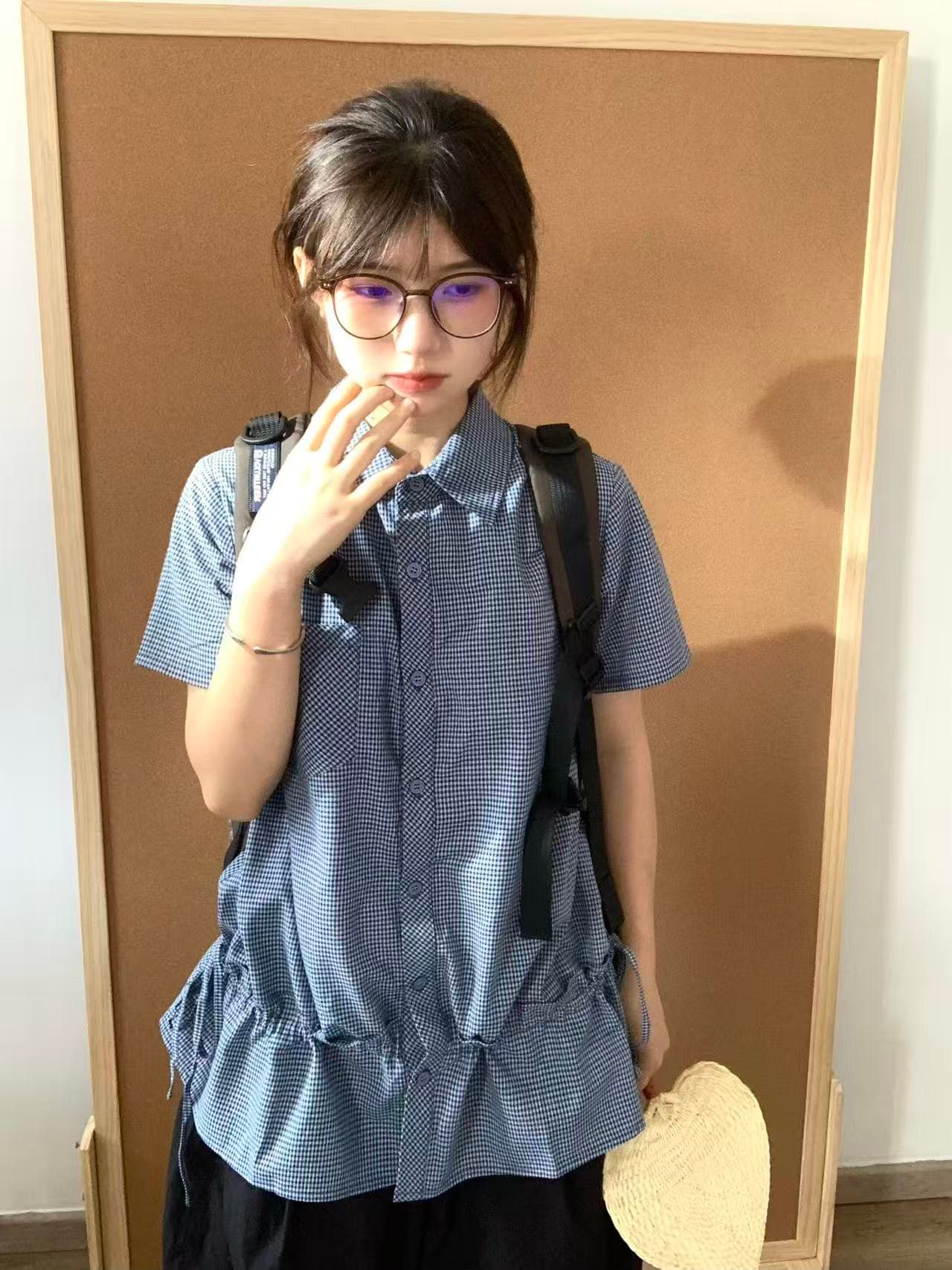 원본 체크무늬 원단 파란색 체크무늬 긍정적 인 어깨 반팔 여성 셔츠 아메리칸 레트로 POLO 칼라 맨위 이미지 2