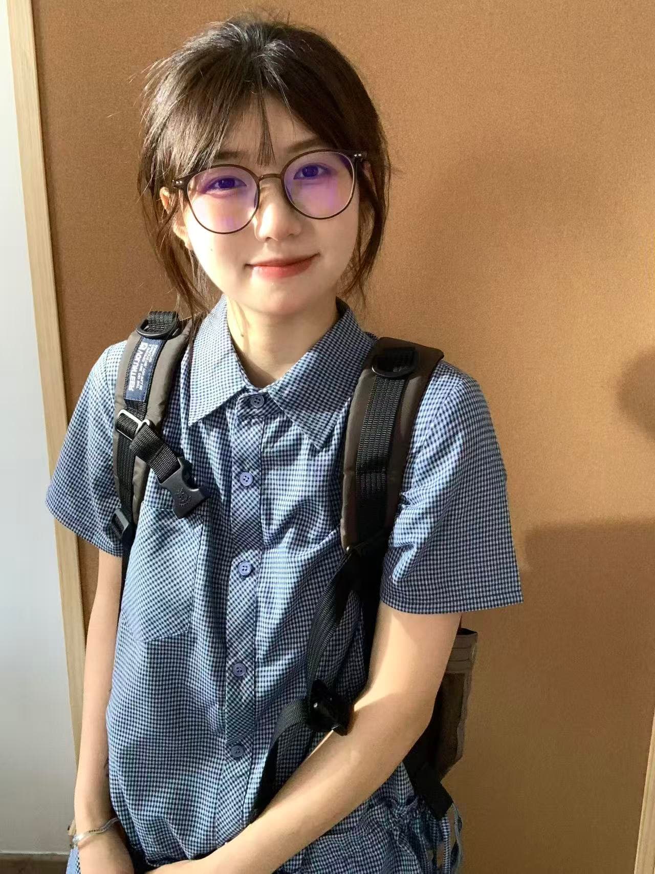 원본 체크무늬 원단 파란색 체크무늬 긍정적 인 어깨 반팔 여성 셔츠 아메리칸 레트로 POLO 칼라 맨위 상세 이미지 7