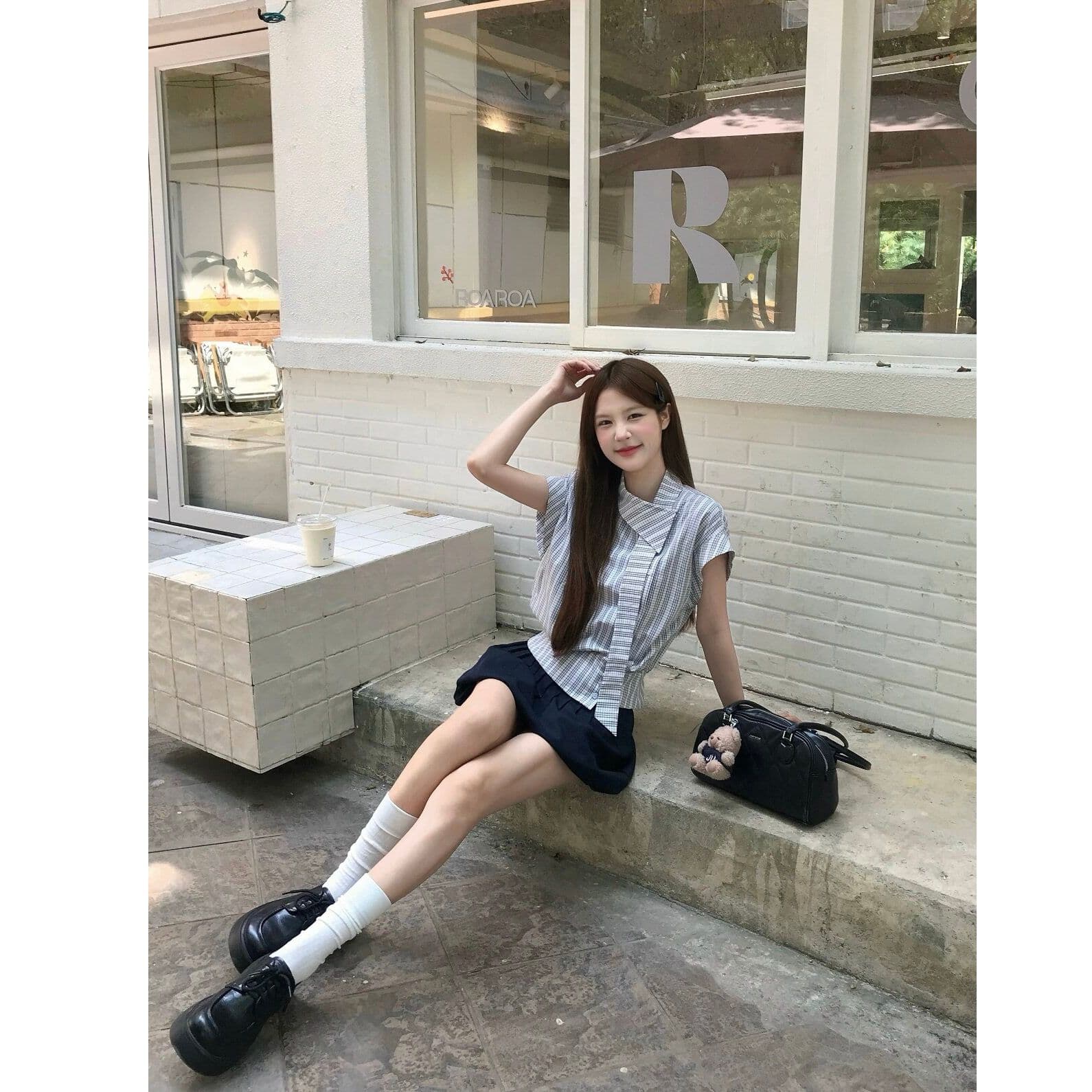 원본 레이스 자카드 원단 한 부서 학원 스타일 비스듬한 칼라 리본 반팔 셔츠 불규칙 허리 수축 슬림해 보이는 이미지 5