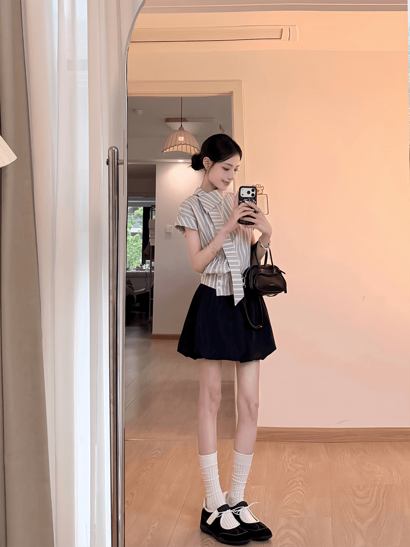 원본 레이스 자카드 원단 한 부서 학원 스타일 비스듬한 칼라 리본 반팔 셔츠 불규칙 허리 수축 슬림해 보이는 상세 이미지 9