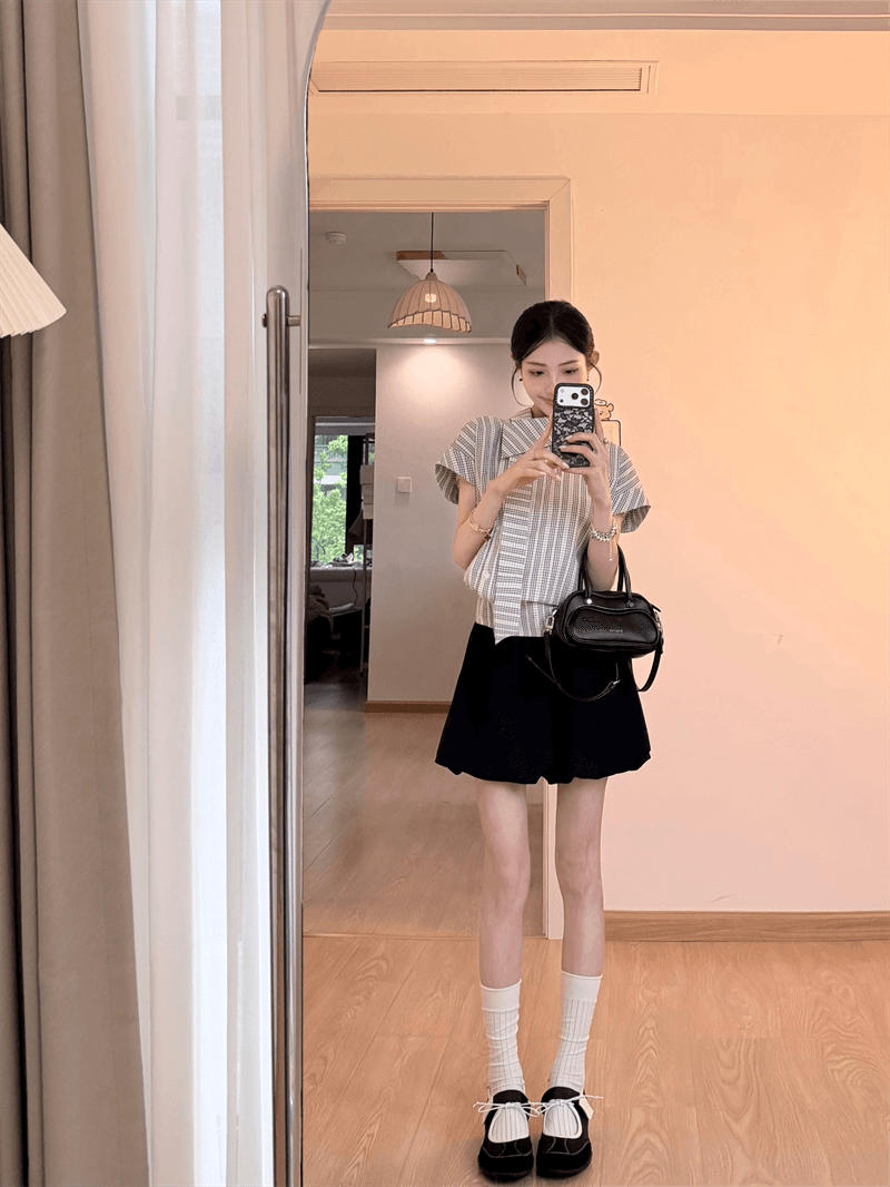 원본 레이스 자카드 원단 한 부서 학원 스타일 비스듬한 칼라 리본 반팔 셔츠 불규칙 허리 수축 슬림해 보이는 상세 이미지 10