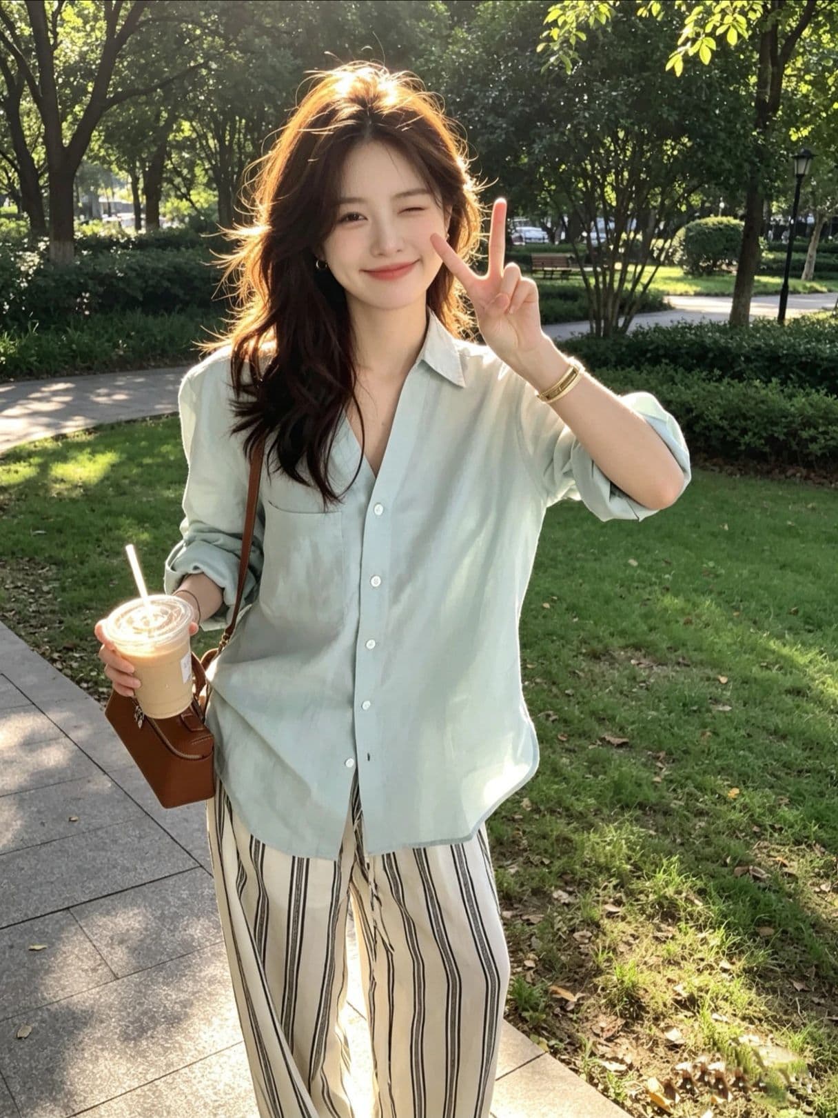 60 대나무 섬유 40 나일론 프랑스식 박하 녹색 셔츠 여성 긴 소매 여름 얇은 스타일 출퇴근 V넥 맨위 상세 이미지 2