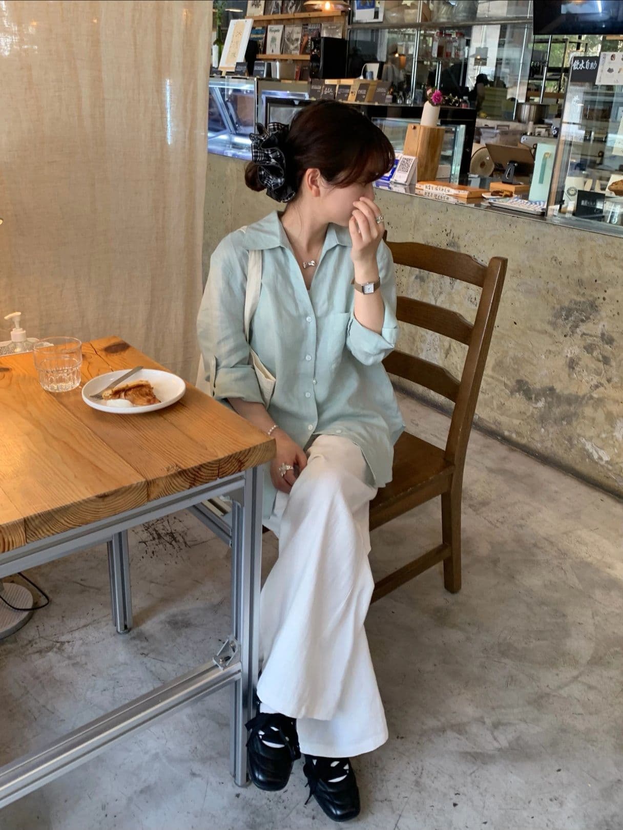 프랑스식 박하 녹색 셔츠 여성 긴 소매 여름 얇은 스타일 출퇴근 캐주얼 디자인 센스 작은 대중 Chic V넥 맨위 상세 이미지 6