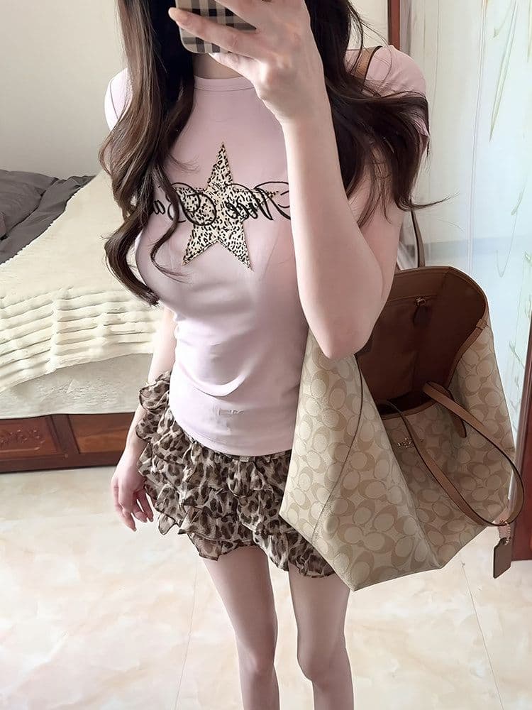 한 부서 작은 대중 디자인 레오파드 무늬 퍼프 케이크 미니 스커트 여성 여름 작은 키 하이웨이스트 연령 감소 다용도 반신 치마 상세 이미지 3