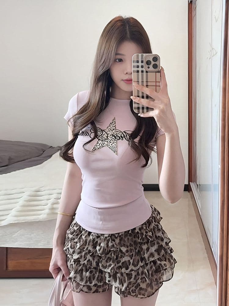 한 부서 작은 대중 디자인 레오파드 무늬 퍼프 케이크 미니 스커트 여성 여름 작은 키 하이웨이스트 연령 감소 다용도 반신 치마 상세 이미지 4