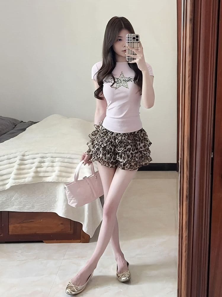 한 부서 작은 대중 디자인 레오파드 무늬 퍼프 케이크 미니 스커트 여성 여름 작은 키 하이웨이스트 연령 감소 다용도 반신 치마 상세 이미지 5