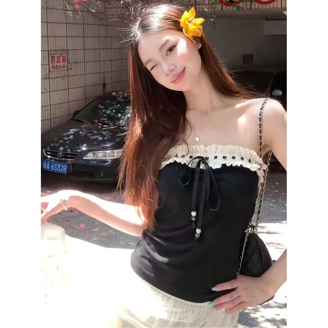 섹시함 오프숄더 레이스 조각 스트랩 조끼 여성 이미지 3