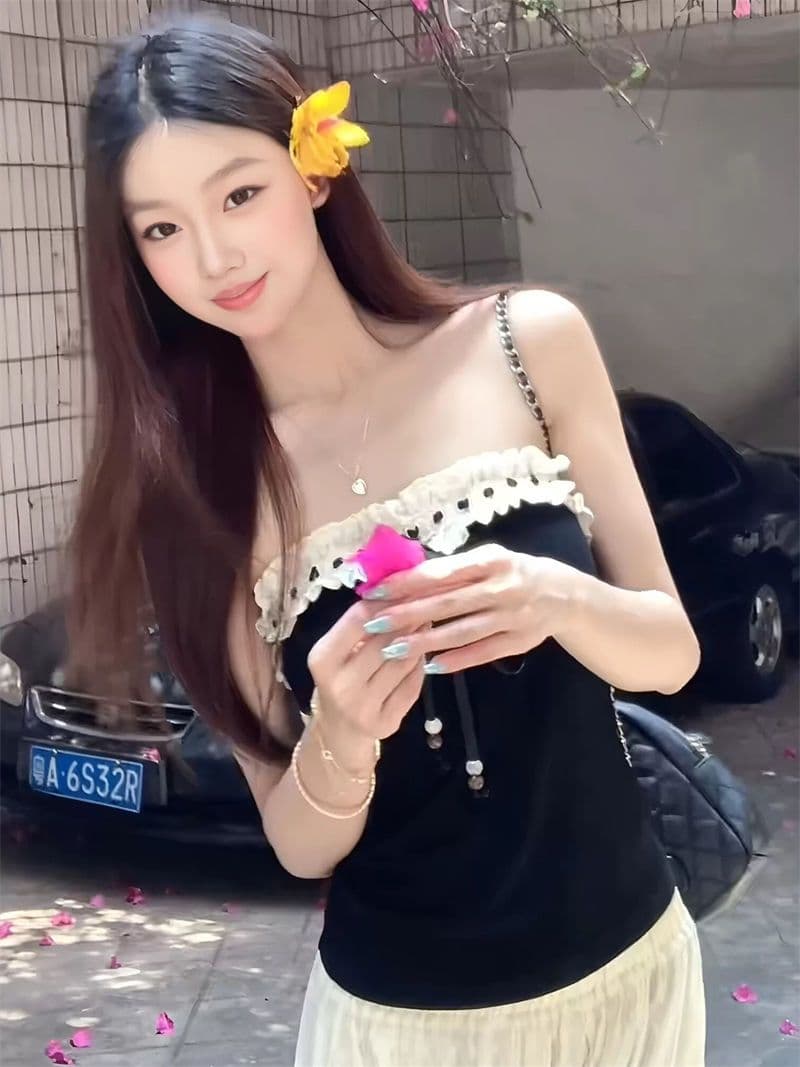 섹시함 오프숄더 레이스 조각 스트랩 조끼 여성 상세 이미지 3