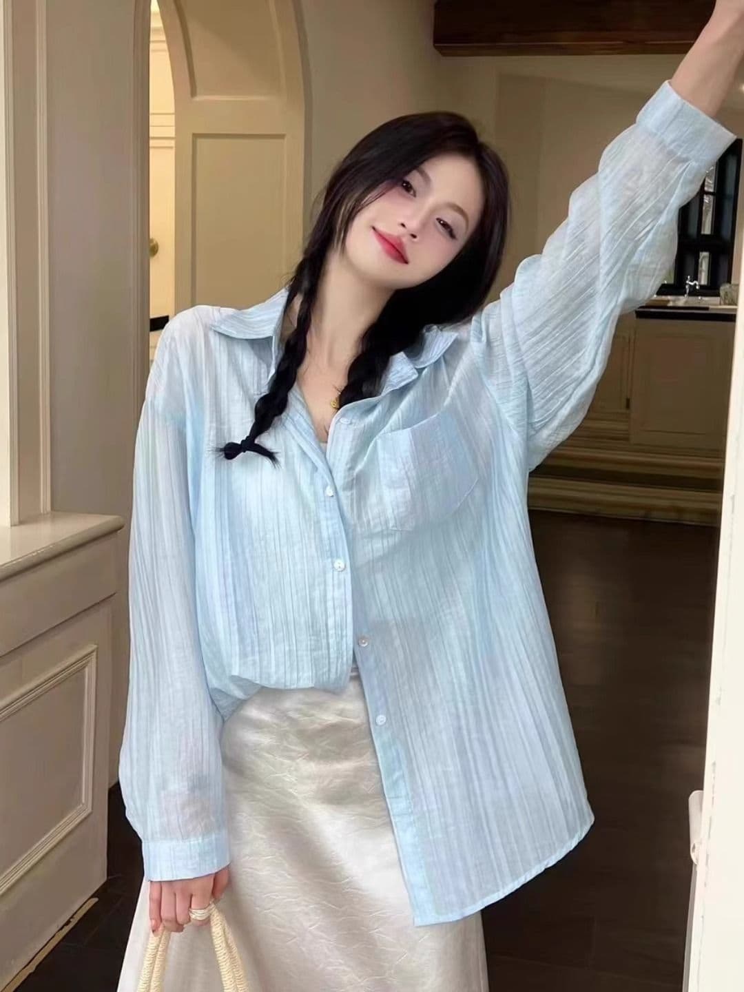 78 주간 실크 22 나일론 질감 센스 한 부서 루즈핏 캐주얼 셔츠 여름 얇은 스타일 긴팔 자외선 차단 맨위 상세 이미지 14