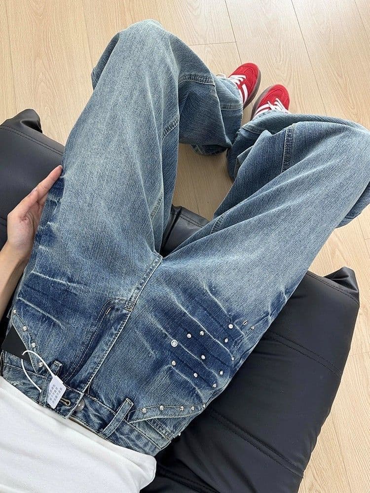 아메리칸 레트로 핫걸 청바지 여성 작은 대중 루즈핏 슬림해 보이는 스트레이트 넓은 다리 바닥 청소 바지 이미지 5