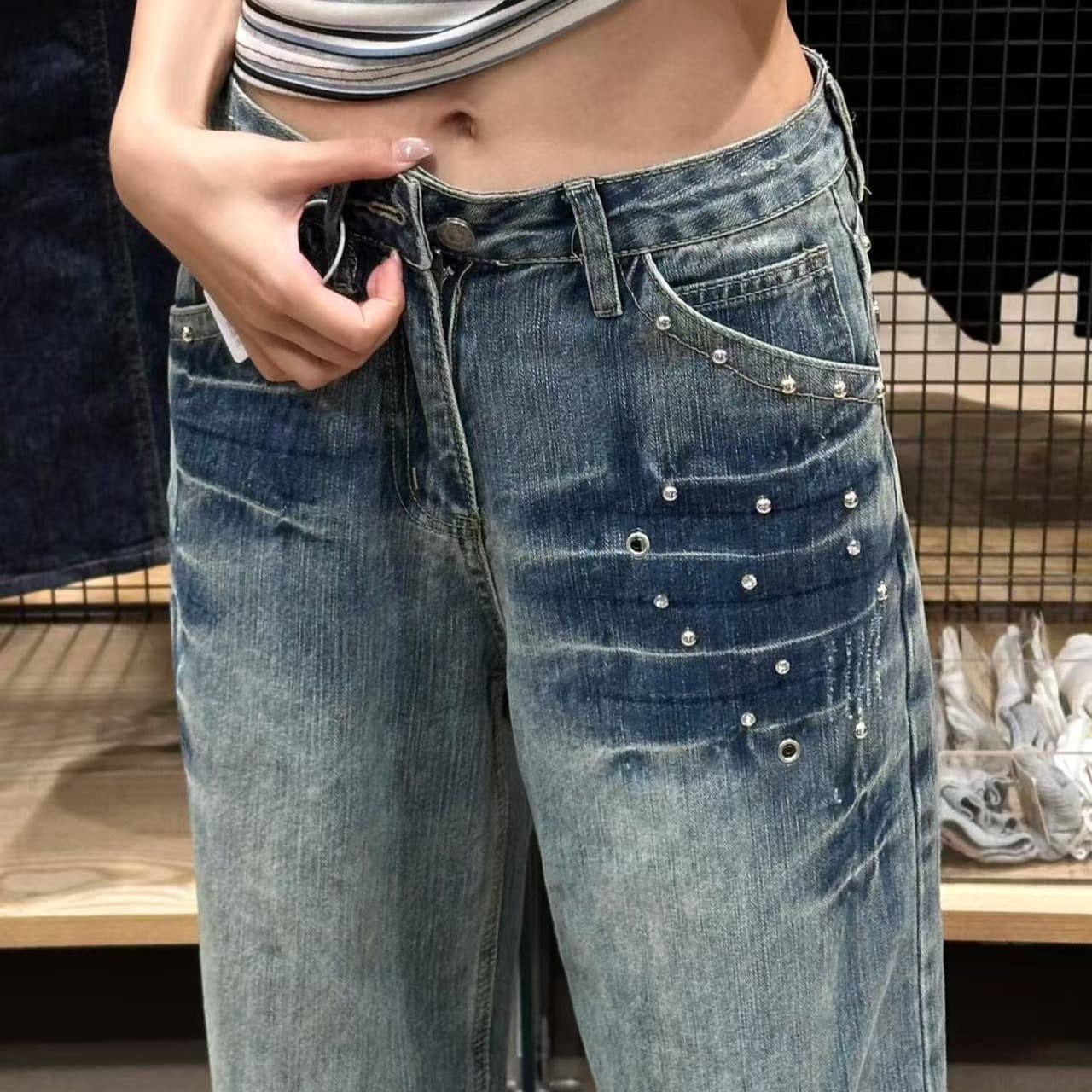 아메리칸 레트로 핫걸 청바지 여성 작은 대중 루즈핏 슬림해 보이는 스트레이트 넓은 다리 바닥 청소 바지 이미지 6