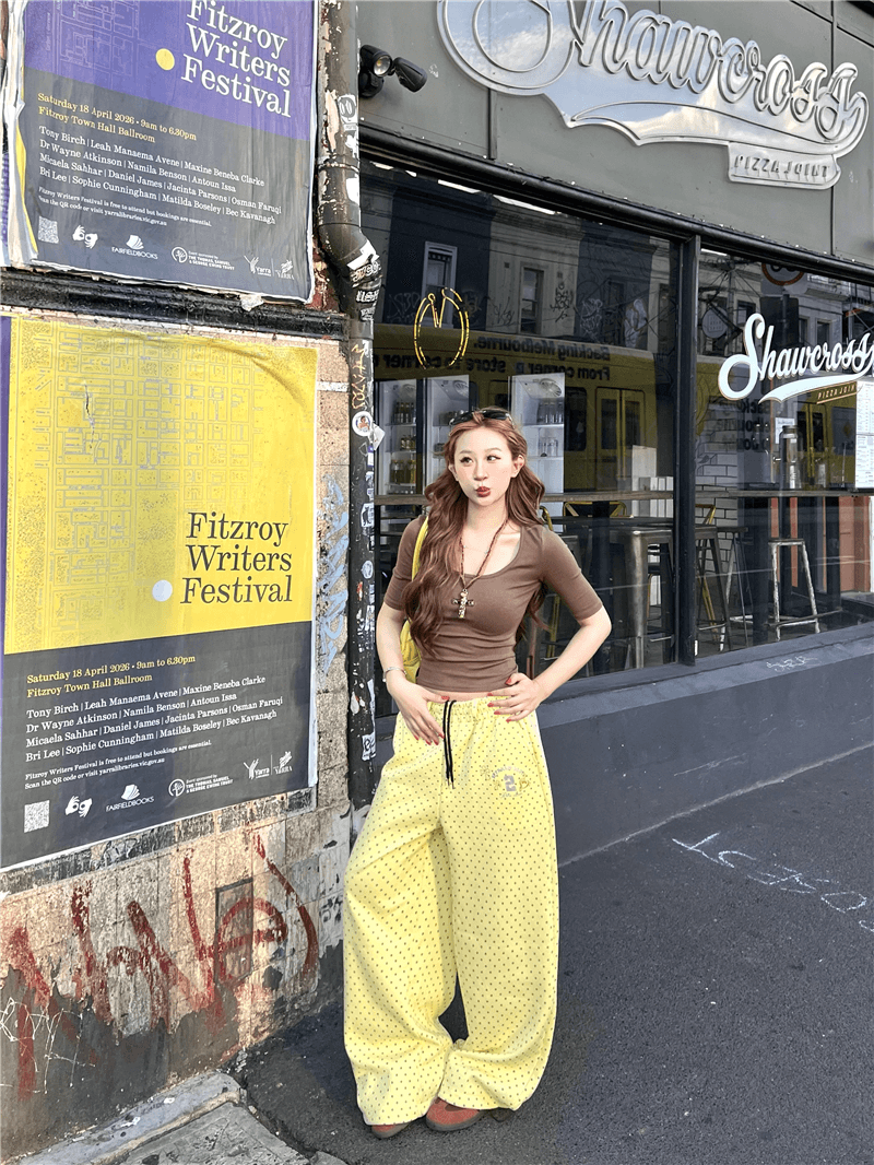 핫걸 핑크색 도트 무늬 프린트 웨이 바지 여성 루즈핏 느긋한 느슨함 센스 웃음 하 재즈 댄스 운동 바지 상세 이미지 6