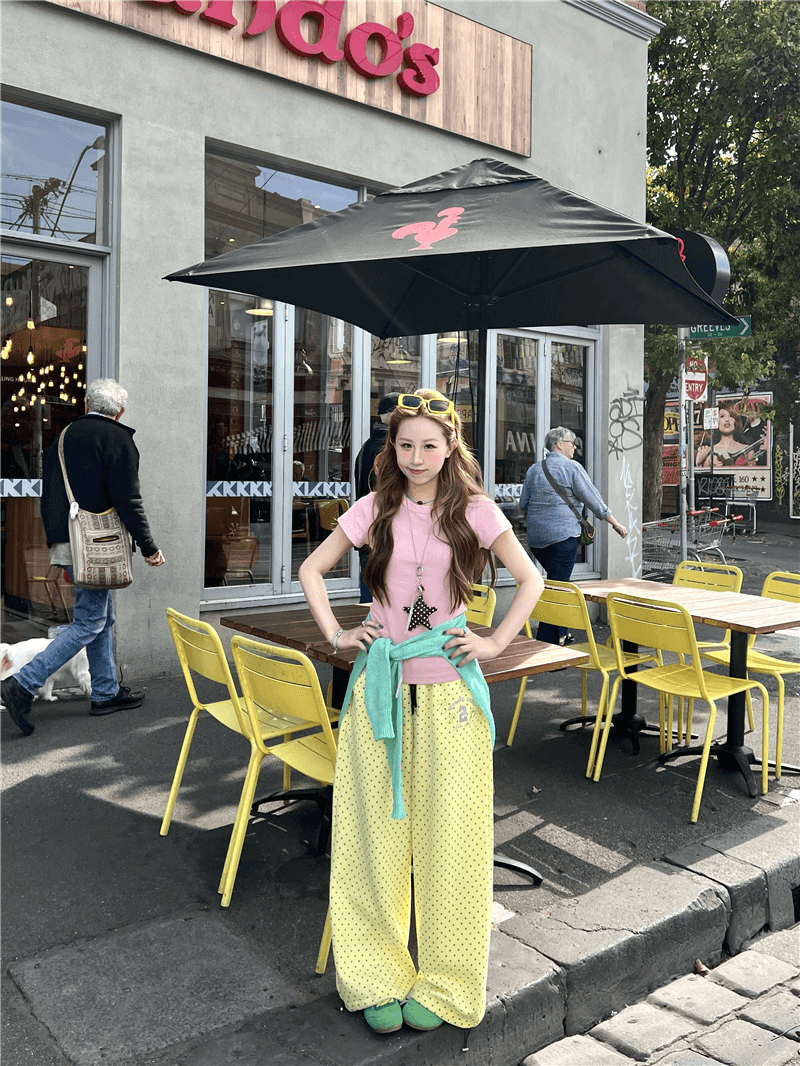 핫걸 핑크색 도트 무늬 프린트 웨이 바지 여성 루즈핏 느긋한 느슨함 센스 웃음 하 재즈 댄스 운동 바지 상세 이미지 3