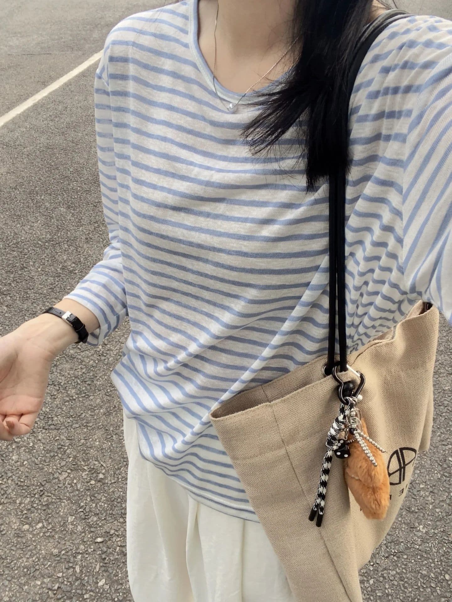 40 라이 경기 서울 25 면 35 폴리 에스터 느긋한 스트라이프 망사 긴팔 티셔츠 여성 여름 다용도 얇은 스타일 자외선 차단 맨위 이미지 3