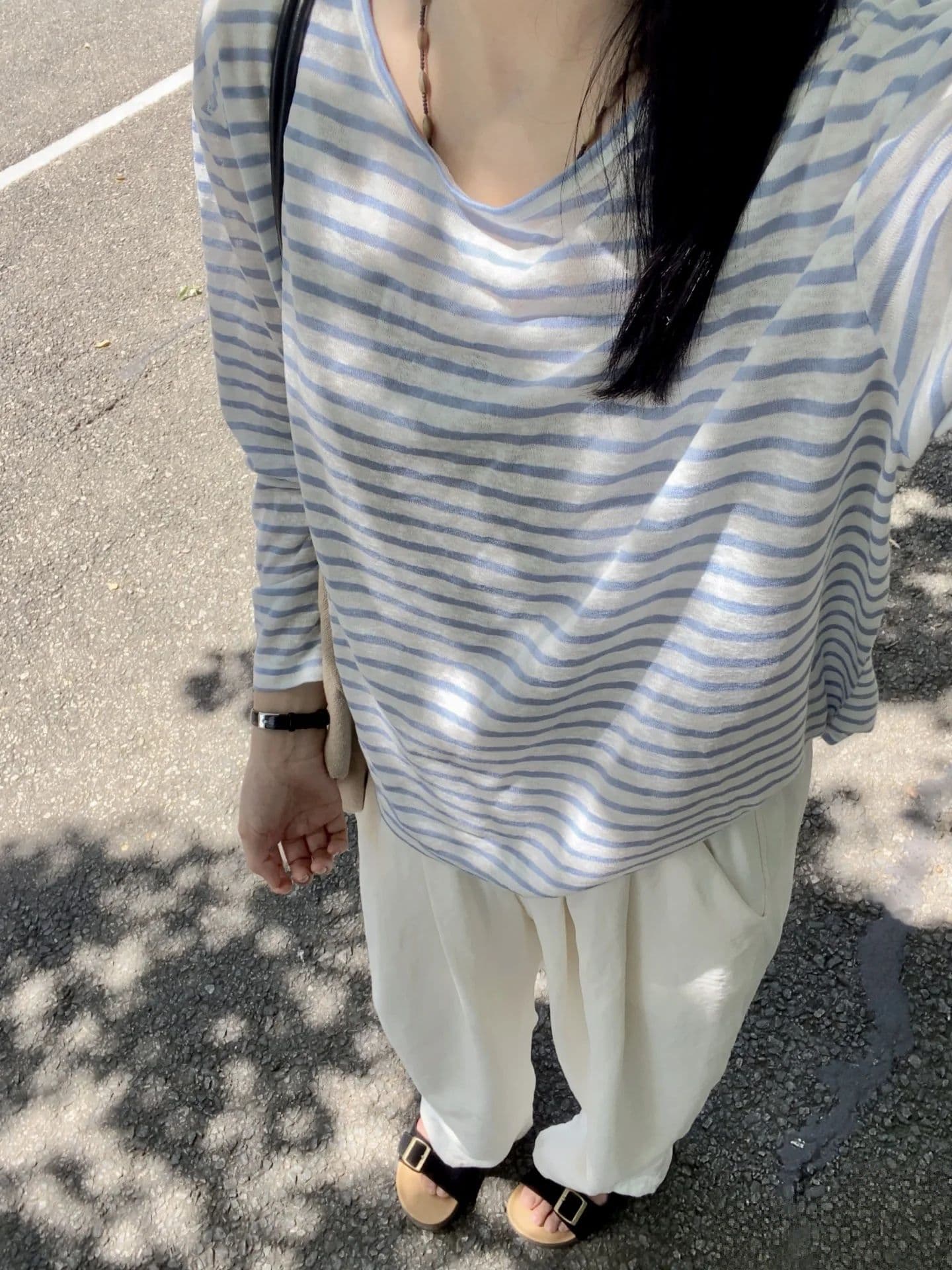 40 라이 경기 서울 25 면 35 폴리 에스터 느긋한 스트라이프 망사 긴팔 티셔츠 여성 여름 다용도 얇은 스타일 자외선 차단 맨위 이미지 4