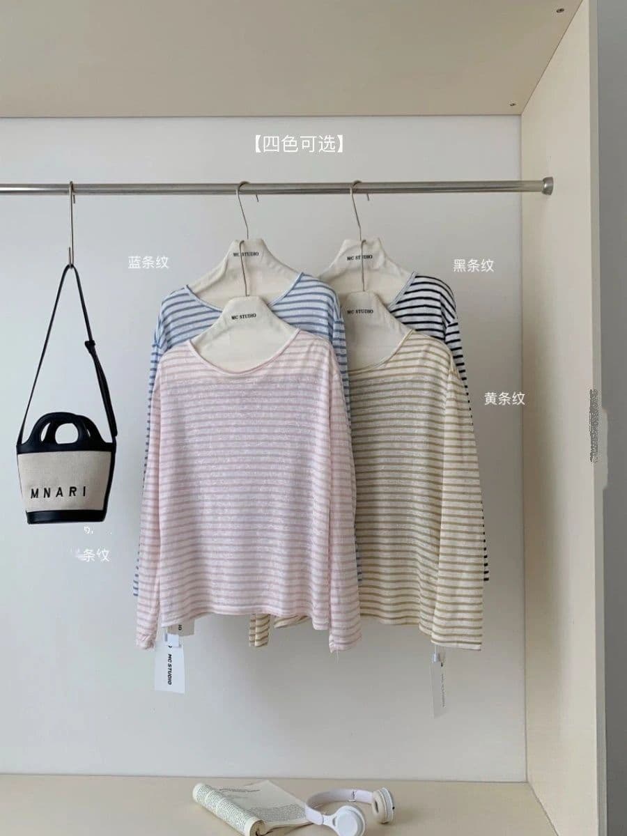 40 라이 경기 서울 25 면 35 폴리 에스터 느긋한 스트라이프 망사 긴팔 티셔츠 여성 여름 다용도 얇은 스타일 자외선 차단 맨위 상세 이미지 21