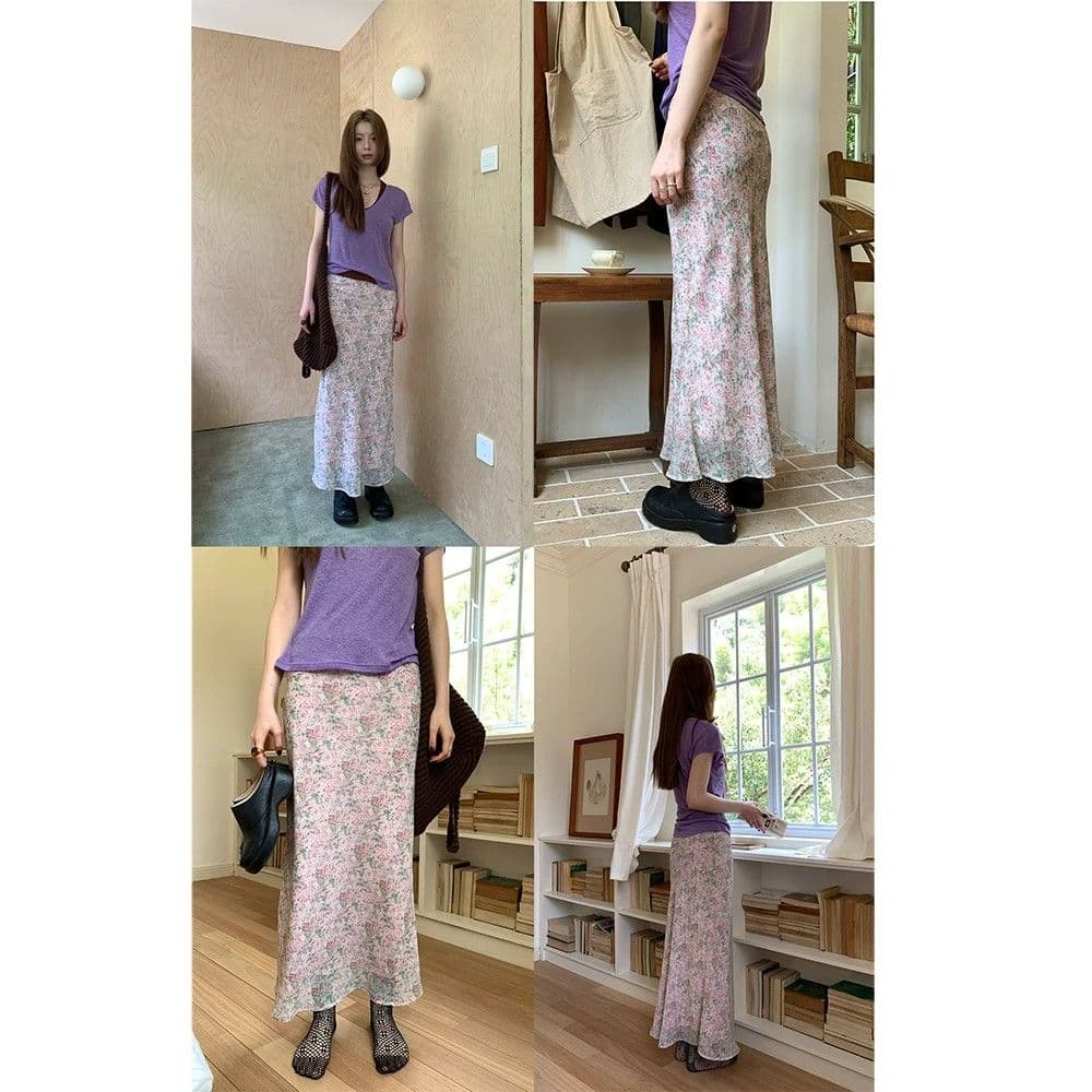 핑크색 꽃무늬 반신 스커트 여성 여름 새로운 쉬폰 다용도 슬림해 보이는 인어 꼬리 롱 스커트 이미지 5