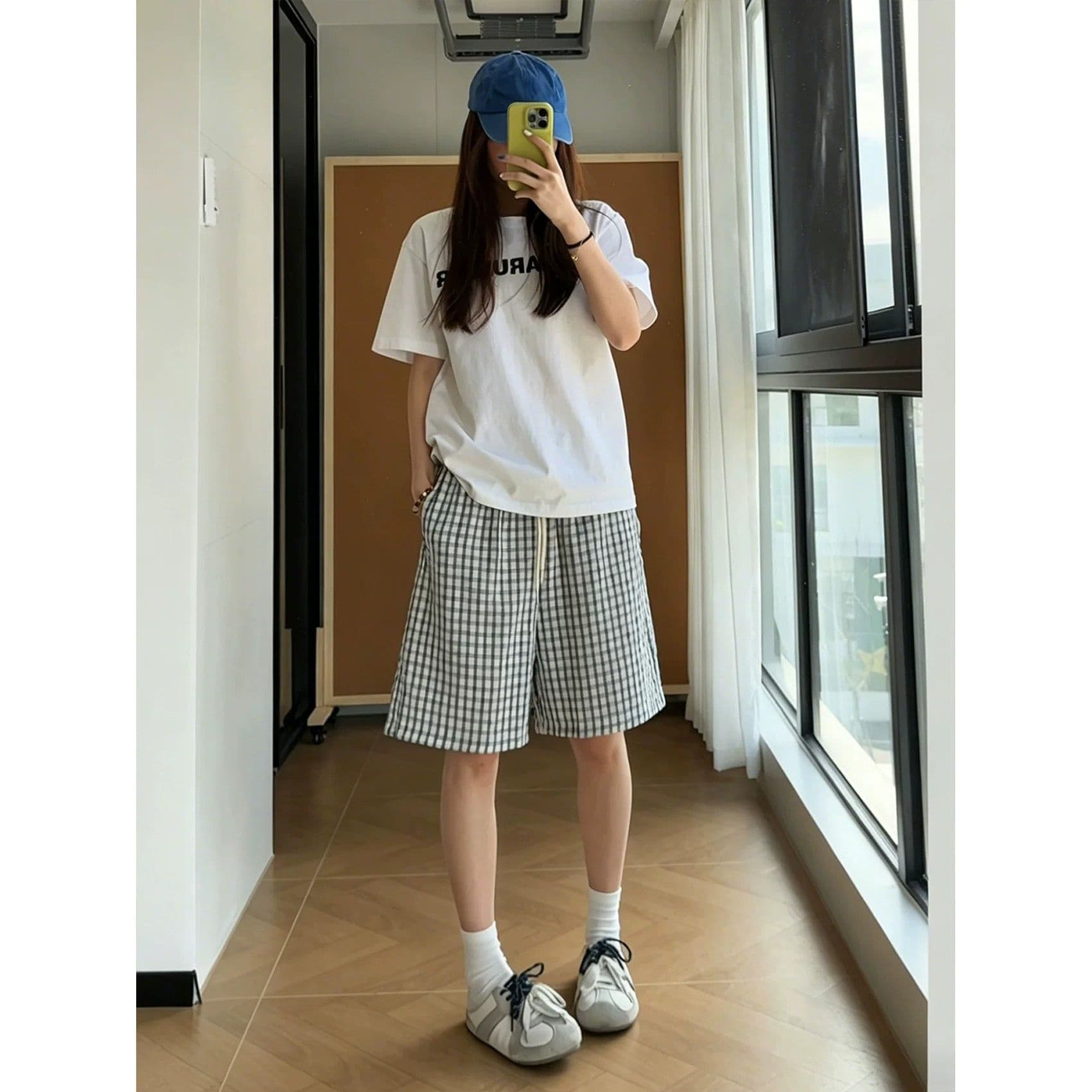 아메리칸 Seersucker 체크무늬 반바지 여성 여름 캐주얼 루즈핏 운동 피트니스 다용도 속도 건조한 체크무늬 오부 바지 이미지 3