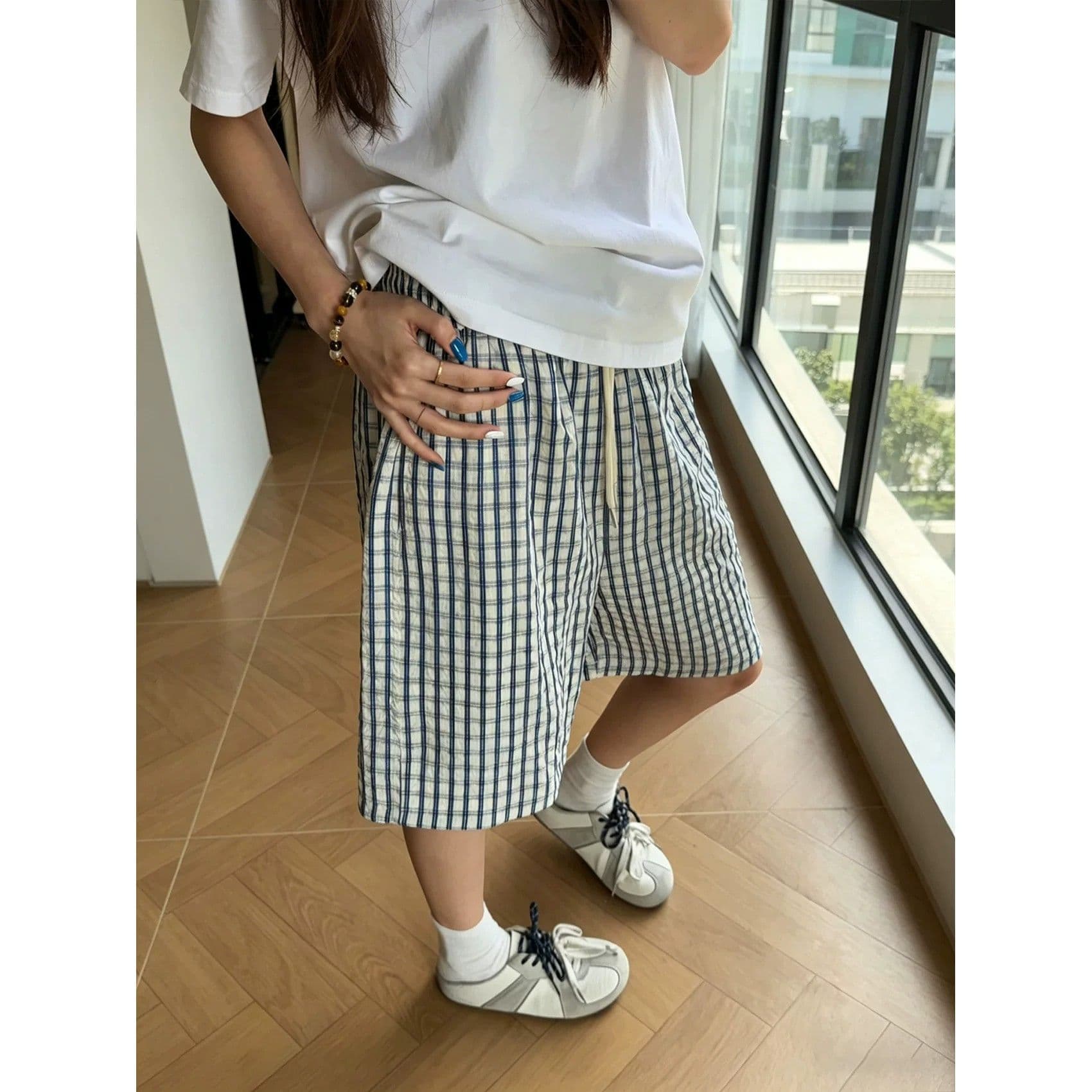 아메리칸 Seersucker 체크무늬 반바지 여성 여름 캐주얼 루즈핏 운동 피트니스 다용도 속도 건조한 체크무늬 오부 바지 상세 이미지 4
