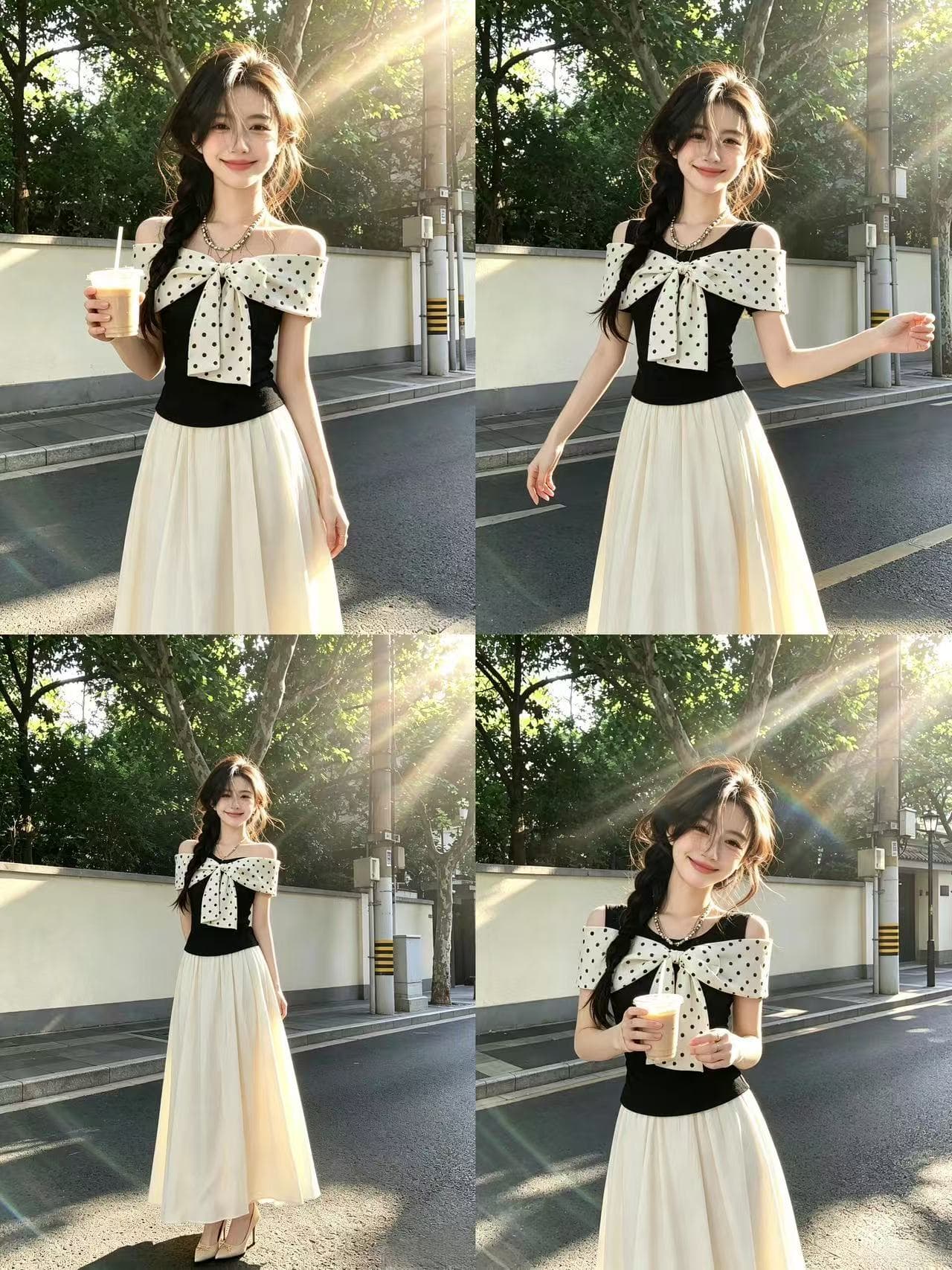 Ouyang 안녕하세요. 블랙 배 뮤즈 나비 매듭 패치워크 검정색 반팔 티셔츠 여성 여름 고유 한 아름다운 오프숄더 맨위 이미지 4
