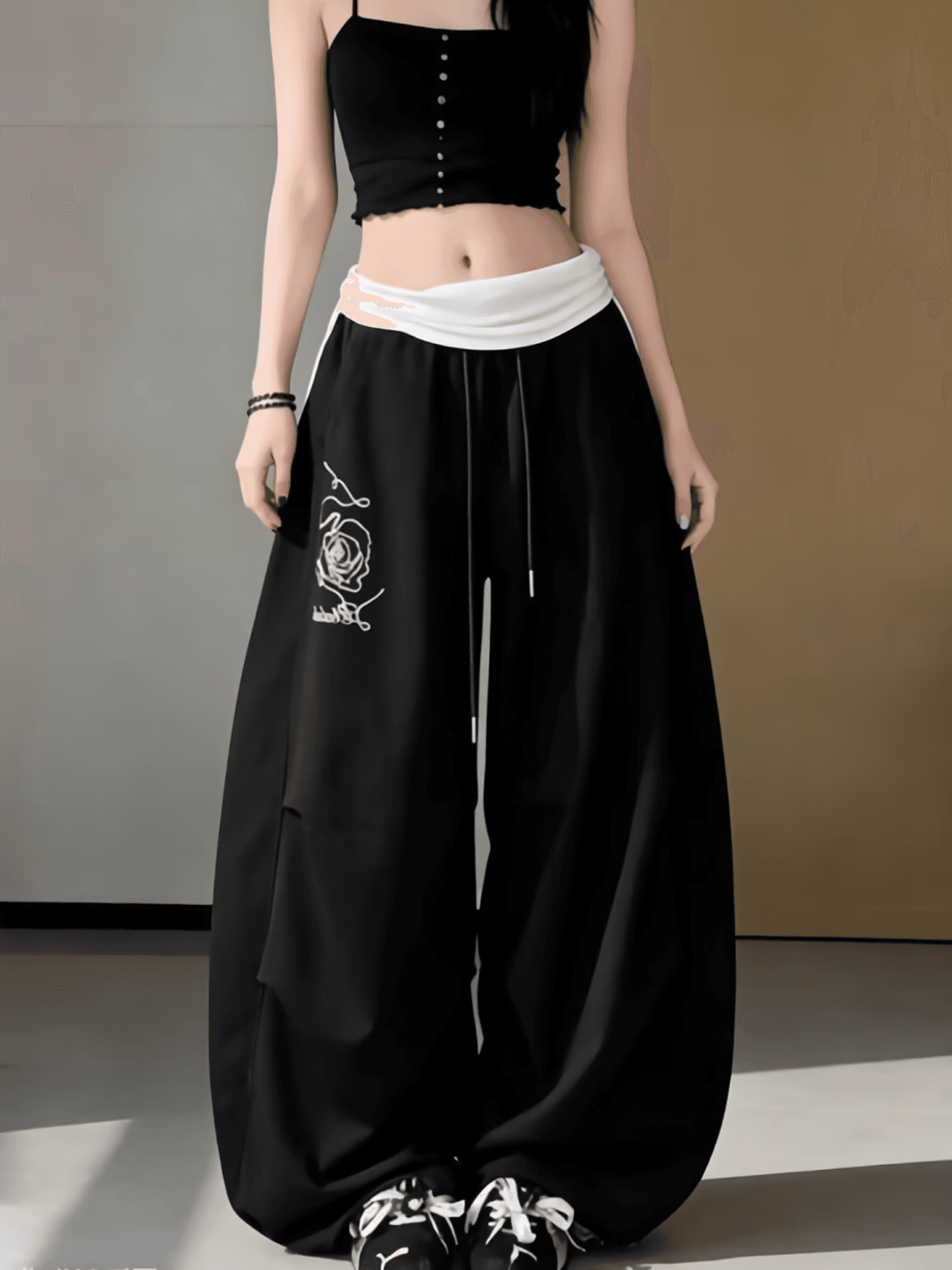 아메리칸 거리 바람 페이크 레이어드 패치워크 색상 허리 머리 와이드 레깅스 바지 검정색 재즈 댄스 바지 캐주얼 긴 바지 이미지 4