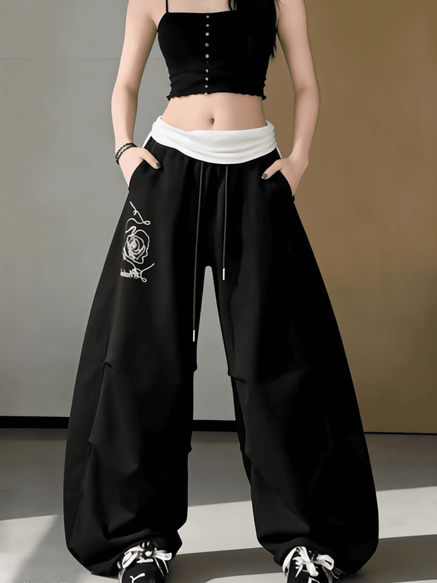 아메리칸 거리 바람 페이크 레이어드 패치워크 색상 허리 머리 와이드 레깅스 바지 검정색 재즈 댄스 바지 캐주얼 긴 바지 이미지 5