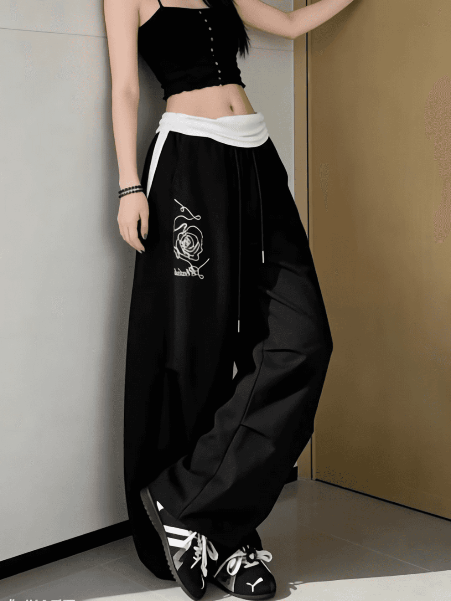 아메리칸 거리 바람 페이크 레이어드 패치워크 색상 허리 머리 와이드 레깅스 바지 검정색 재즈 댄스 바지 캐주얼 긴 바지 이미지 3