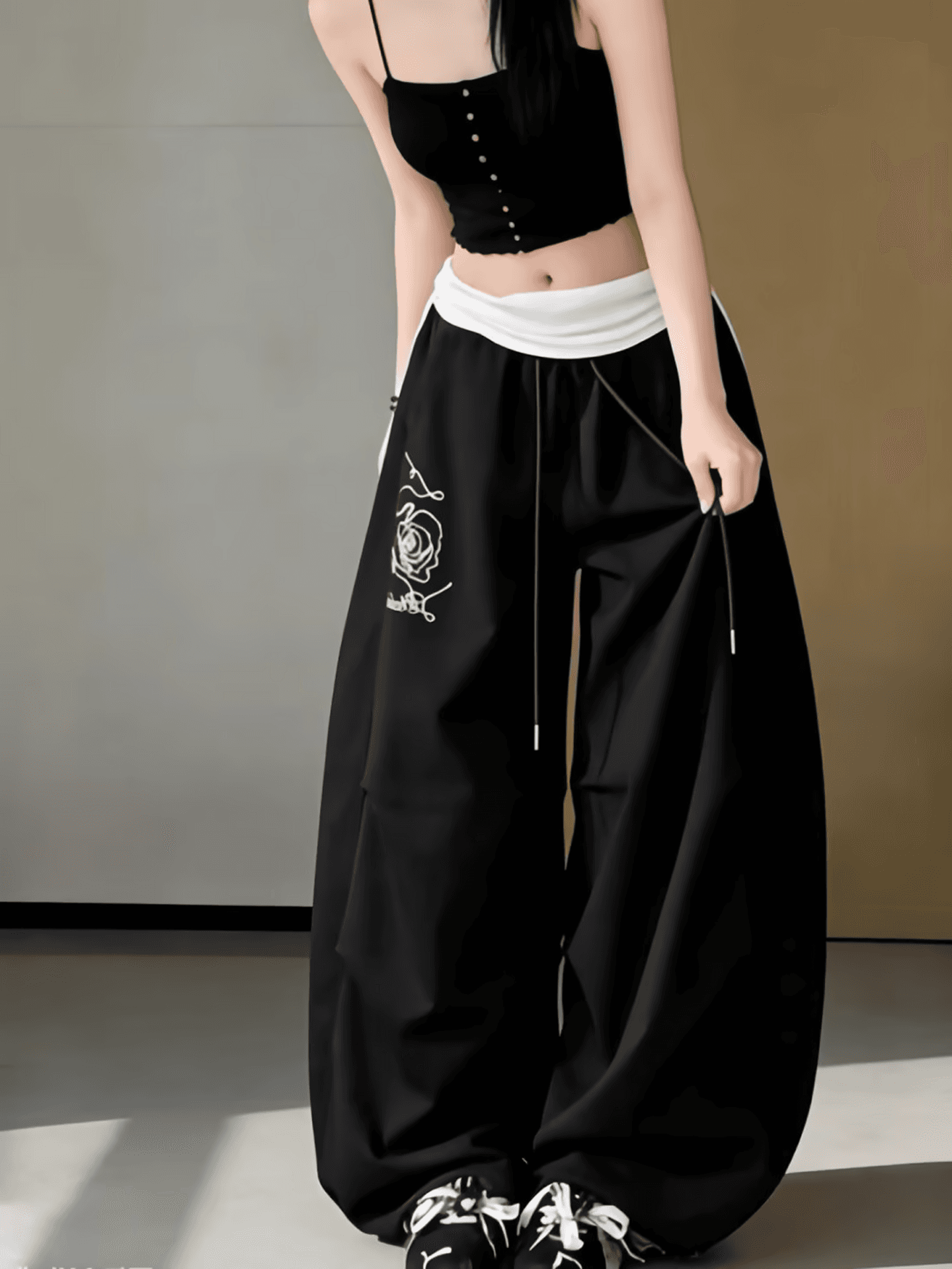 아메리칸 거리 바람 페이크 레이어드 패치워크 색상 허리 머리 와이드 레깅스 바지 검정색 재즈 댄스 바지 캐주얼 긴 바지 상세 이미지 24