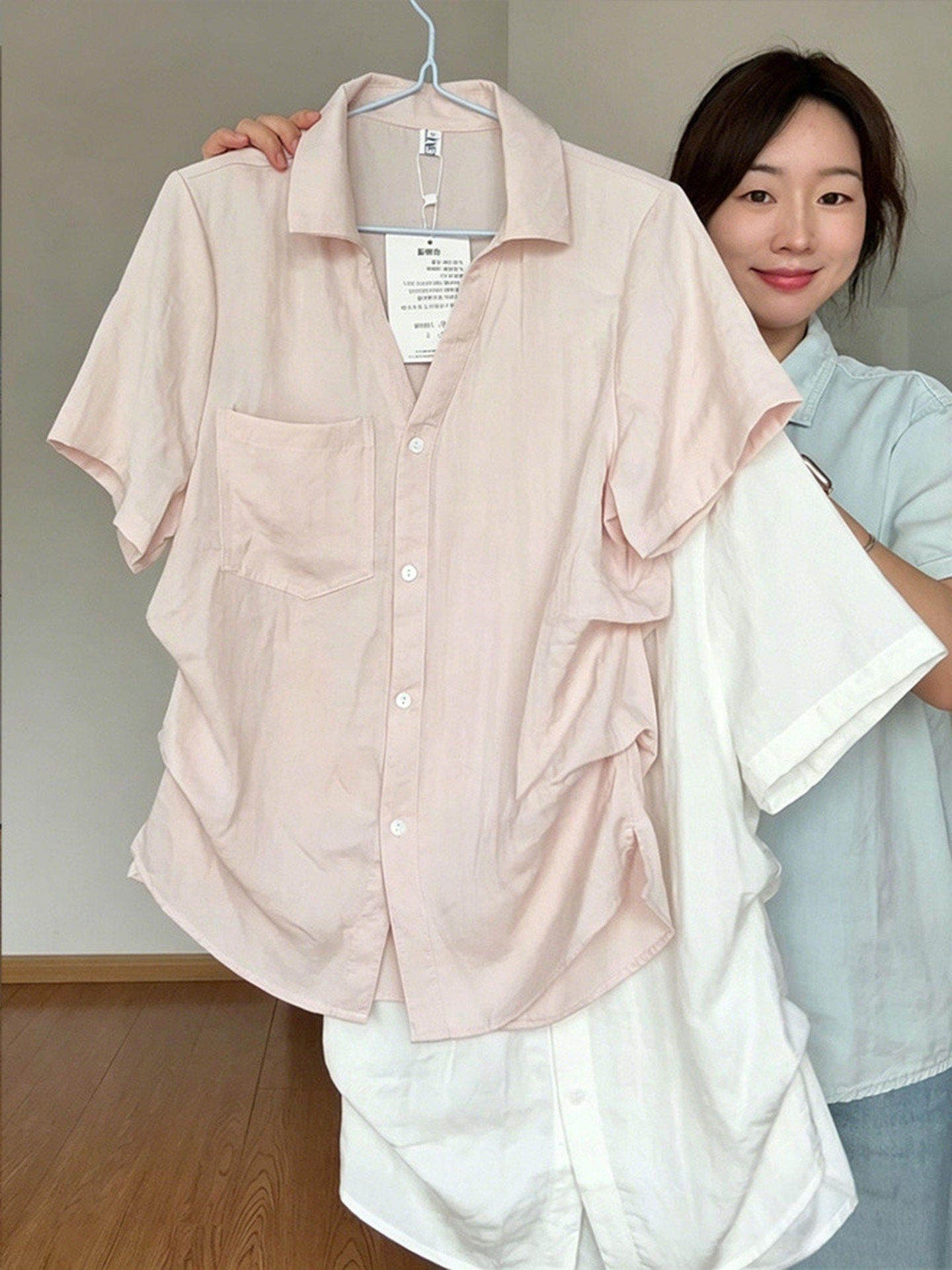 원본 원단 한 부서 느긋한 바람 V넥 꼬집기 허리 반팔 여성 셔츠 여름 얇은 스타일 셔츠 품격 이미지 2
