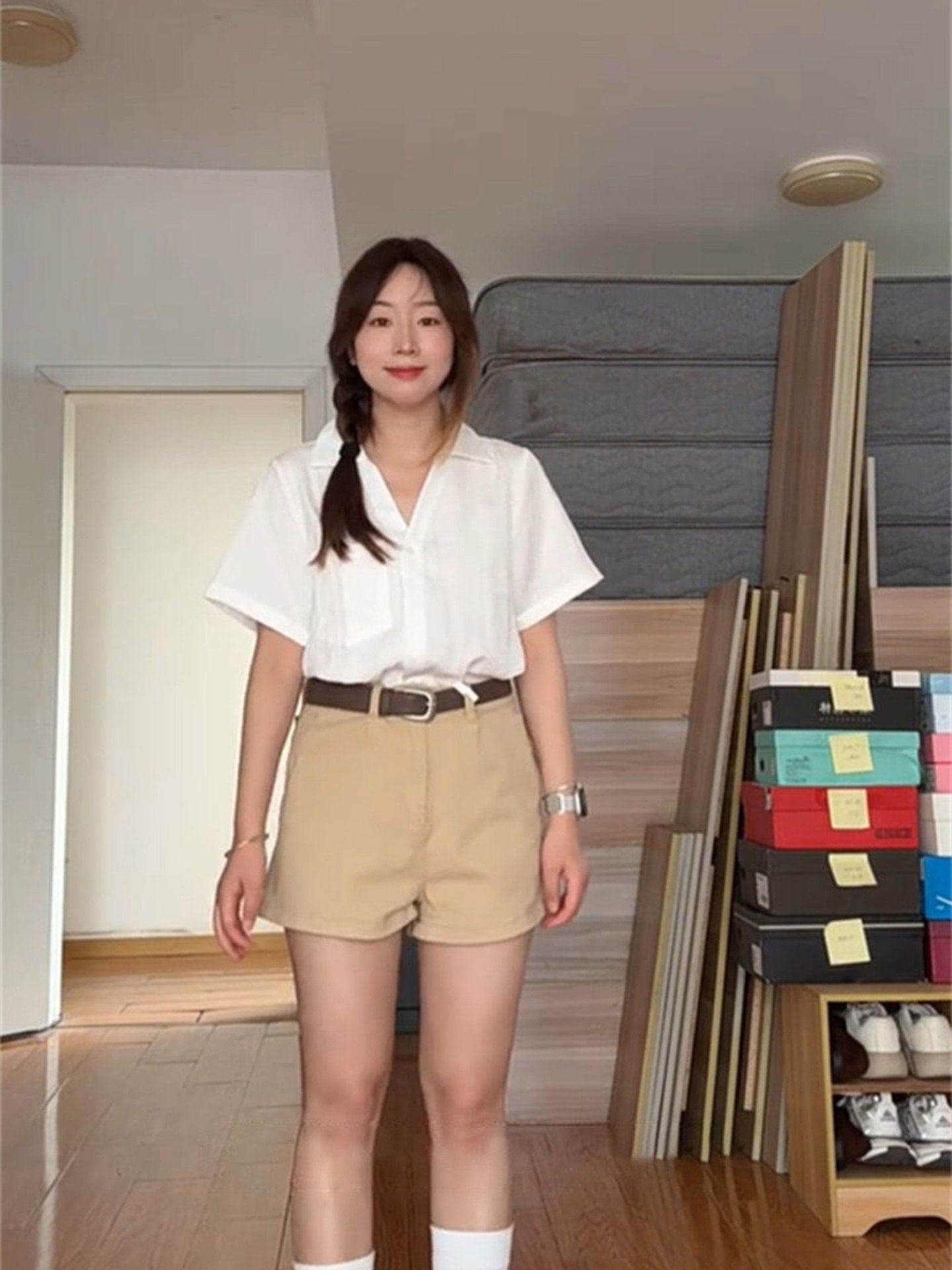 원본 원단 한 부서 느긋한 바람 V넥 꼬집기 허리 반팔 여성 셔츠 여름 얇은 스타일 셔츠 품격 상세 이미지 5