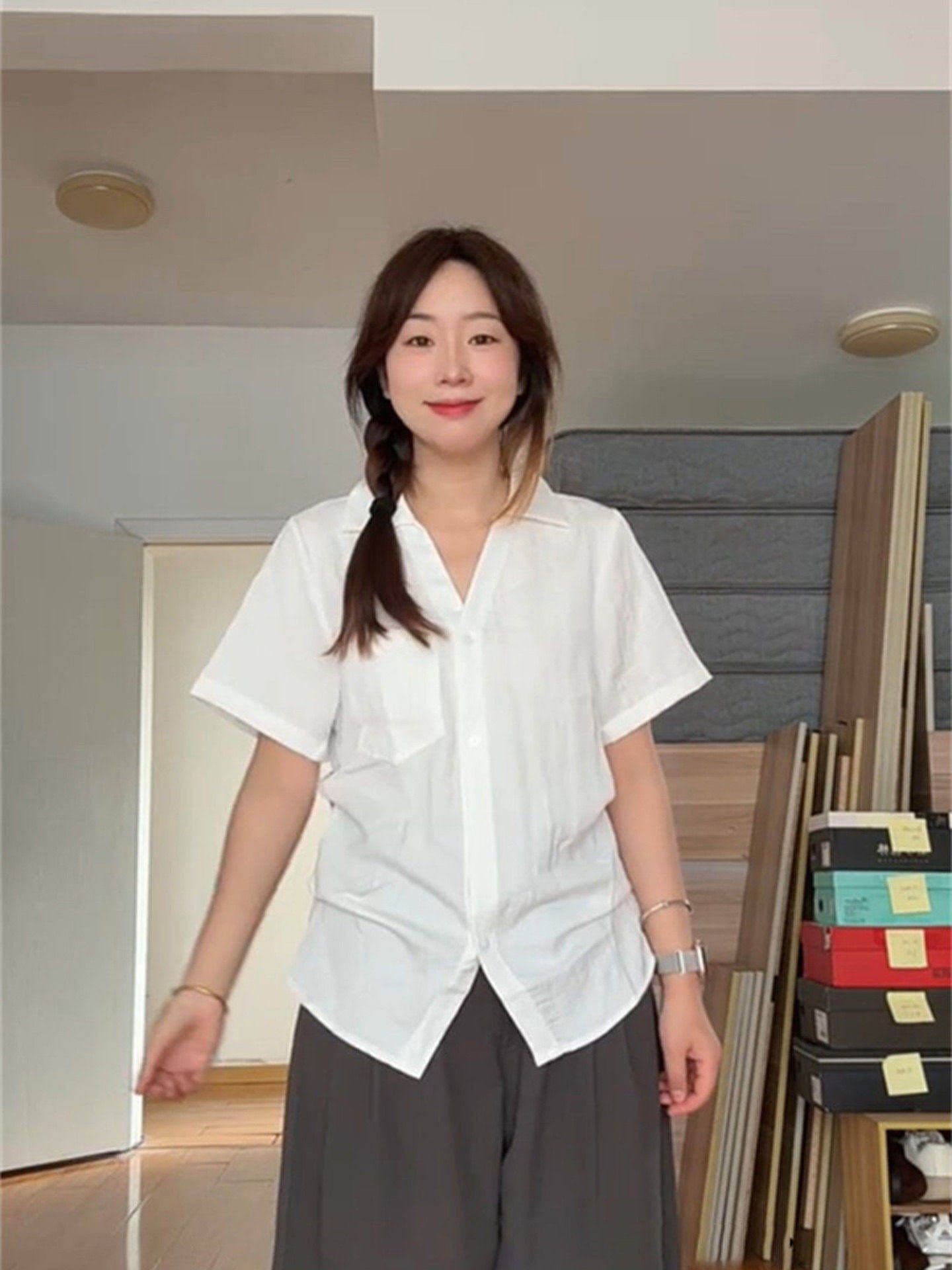원본 원단 한 부서 느긋한 바람 V넥 꼬집기 허리 반팔 여성 셔츠 여름 얇은 스타일 셔츠 품격 상세 이미지 8