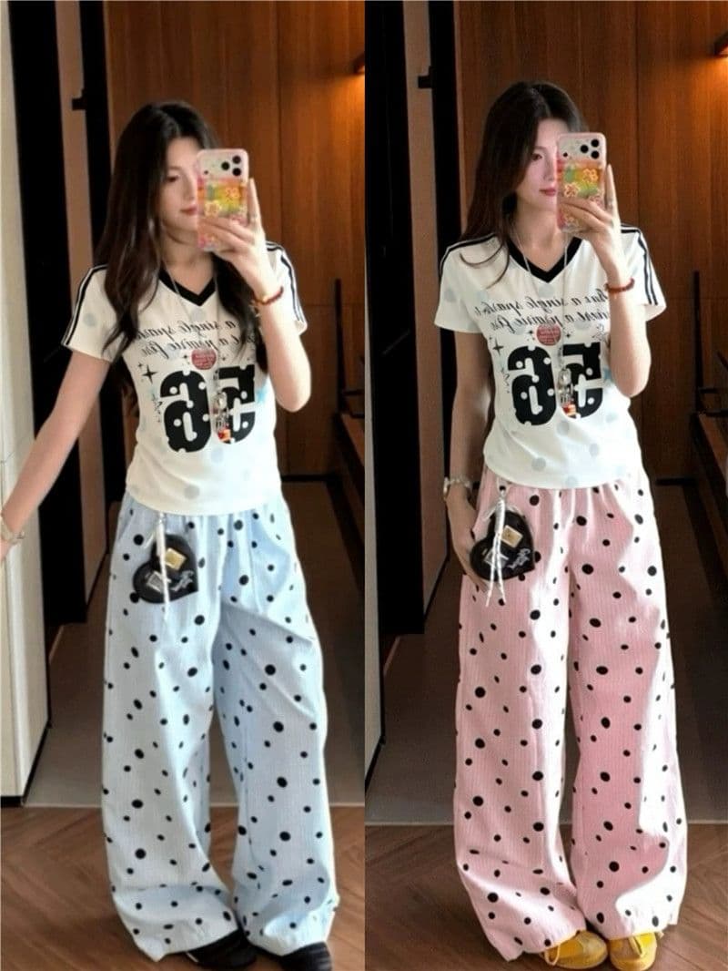 벨트 장식품 아메리칸 레트로 도트 무늬 체크무늬 캐주얼 바지 도파민 색상 다용도 긴 바지 와이드 레그 팬츠 상세 이미지 6