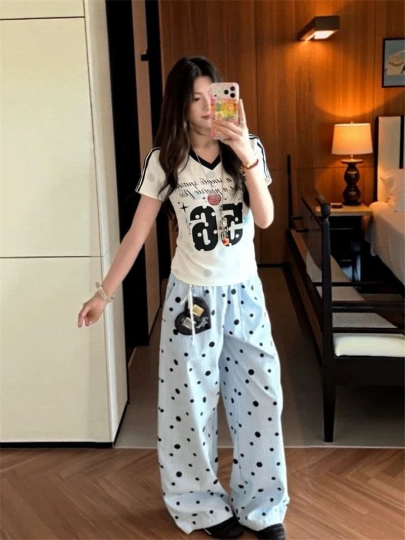 벨트 장식품 아메리칸 레트로 도트 무늬 체크무늬 캐주얼 바지 도파민 색상 다용도 긴 바지 와이드 레그 팬츠 상세 이미지 7