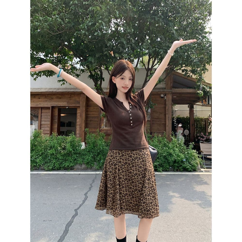 한 부서 패션 품격 프릴 작은 대중 반신 스커트 여성 여름 새로운 레트로 연령 감소 다용도 레오파드 무늬 치마 쉬폰 이미지 6