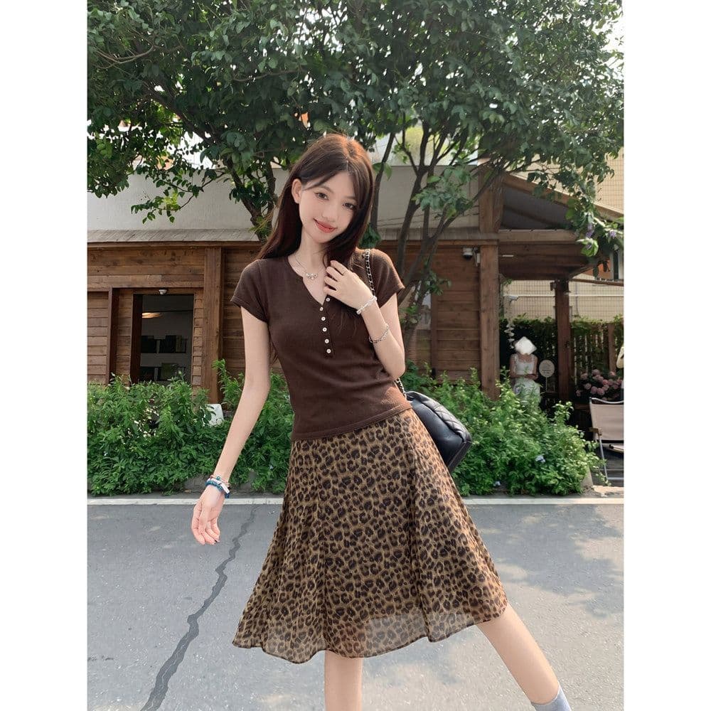 한 부서 패션 품격 프릴 작은 대중 반신 스커트 여성 여름 새로운 레트로 연령 감소 다용도 레오파드 무늬 치마 쉬폰 상세 이미지 3