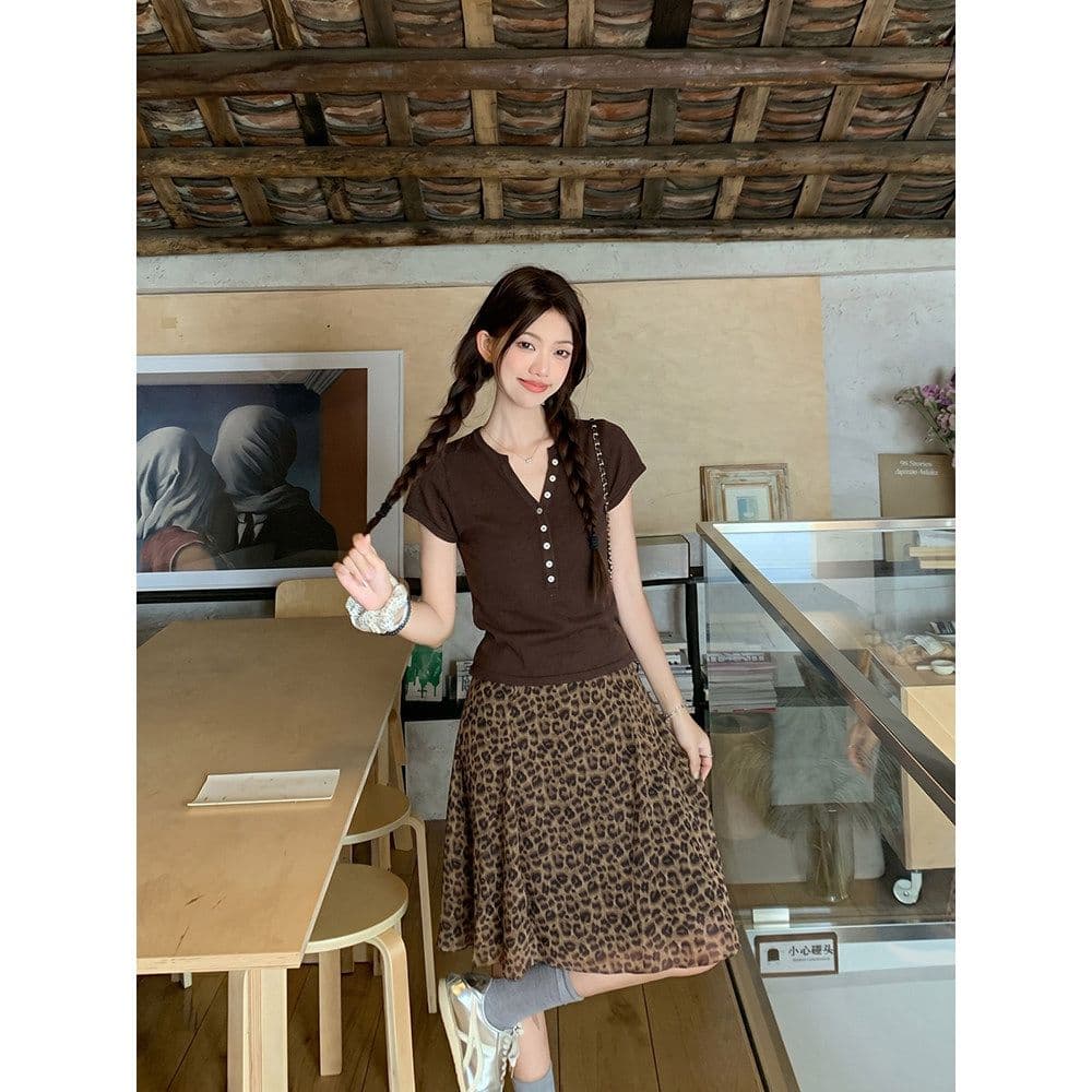 한 부서 패션 품격 프릴 작은 대중 반신 스커트 여성 여름 새로운 레트로 연령 감소 다용도 레오파드 무늬 치마 쉬폰 상세 이미지 4