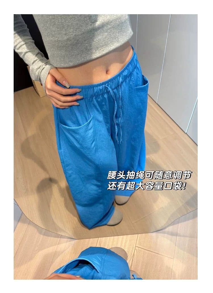 여성 여름 얇은 스타일 미니멀리즘 바람 허리밴드 펌프 로프 느긋한 루즈핏 스트레이트 캐주얼 굴곡 바지 상세 이미지 9
