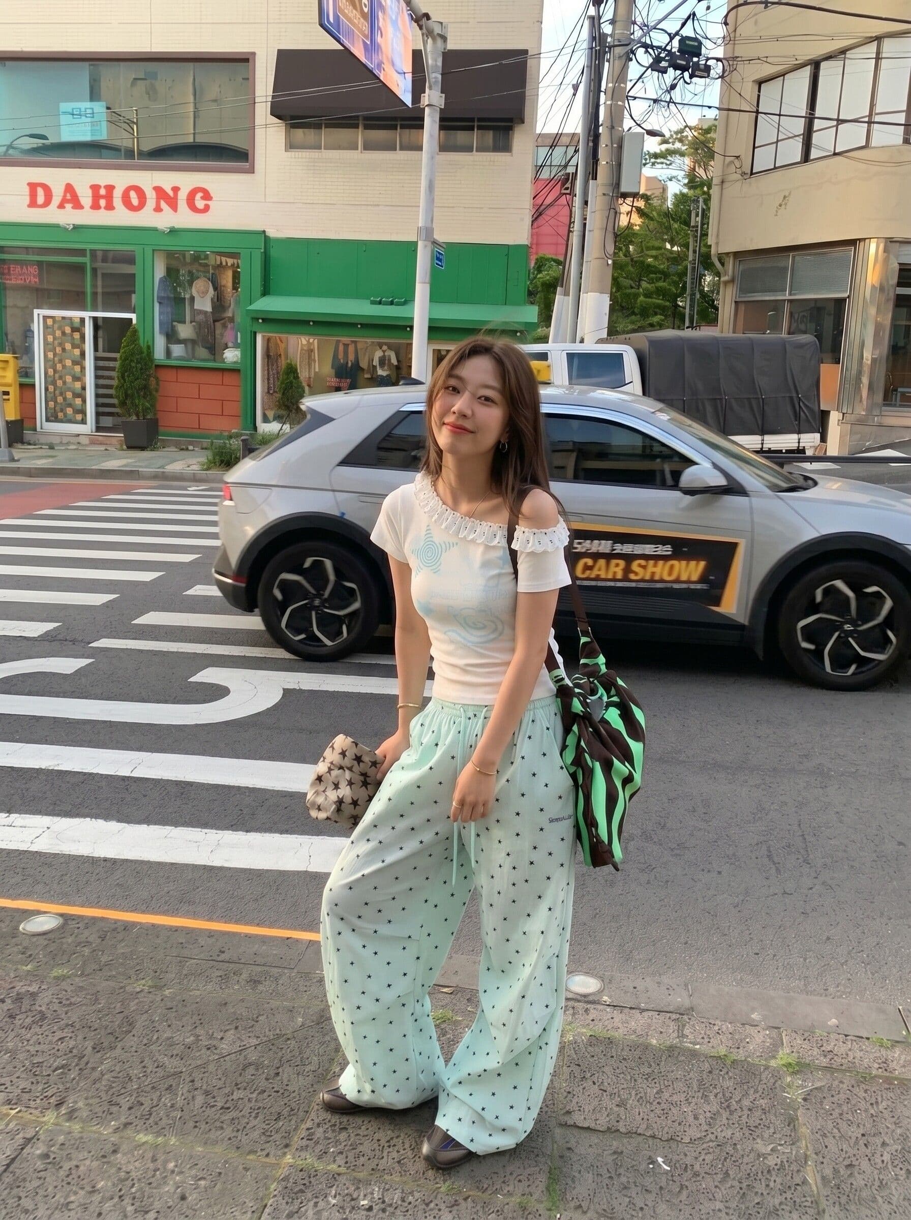 빛 아시아 인 도파민 속도 건조한 바지 운동 와이드 레그 팬츠 전체 인쇄 별 주름 낙하산 병 워크웨어 팬츠 여성 상세 이미지 14