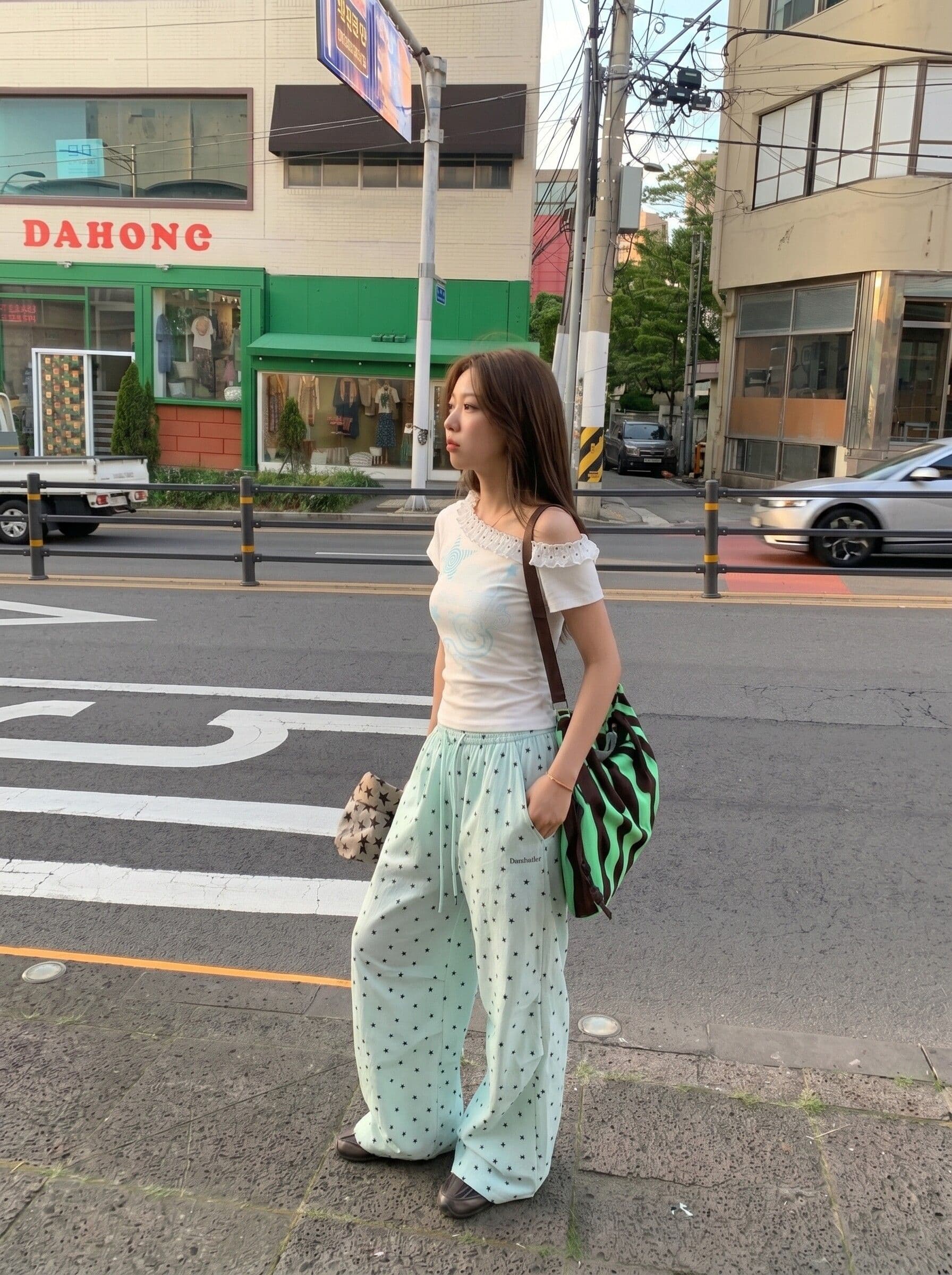 빛 아시아 인 도파민 속도 건조한 바지 운동 와이드 레그 팬츠 전체 인쇄 별 주름 낙하산 병 워크웨어 팬츠 여성 상세 이미지 16