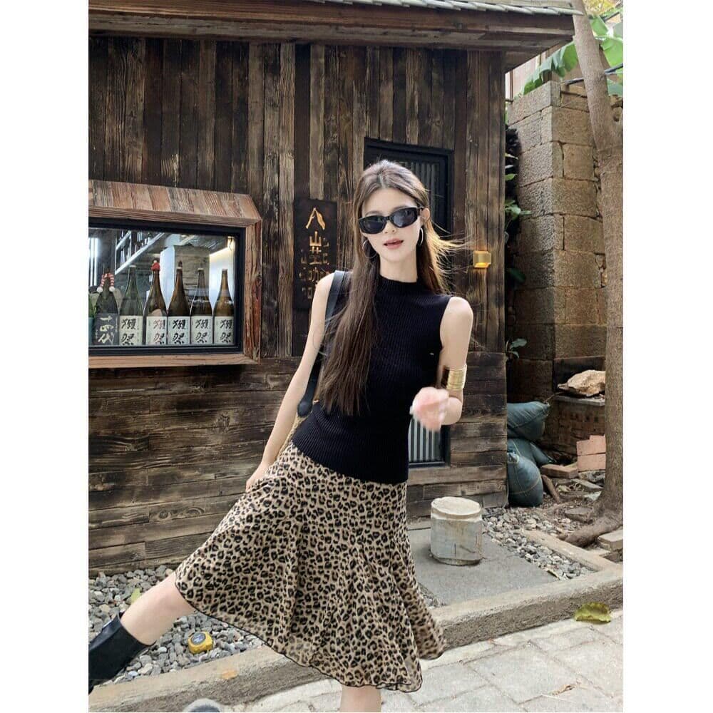 한 부서 패션 품격 프릴 작은 대중 반신 스커트 여성 여름 새로운 레트로 연령 감소 다용도 레오파드 무늬 치마 쉬폰 이미지 2
