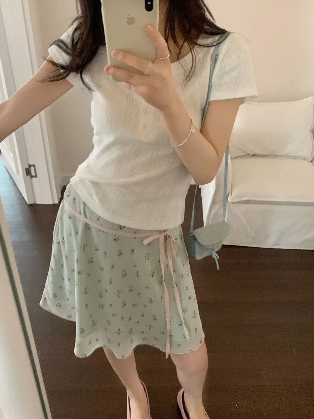 원본 원단 박하 녹색 포 멜로 디자인 센스 작은 A라인 스커트 꽃무늬 반신 스커트 여성 봄 여름 새로운 슈퍼 잘 생긴 중간 스커트 상세 이미지 4