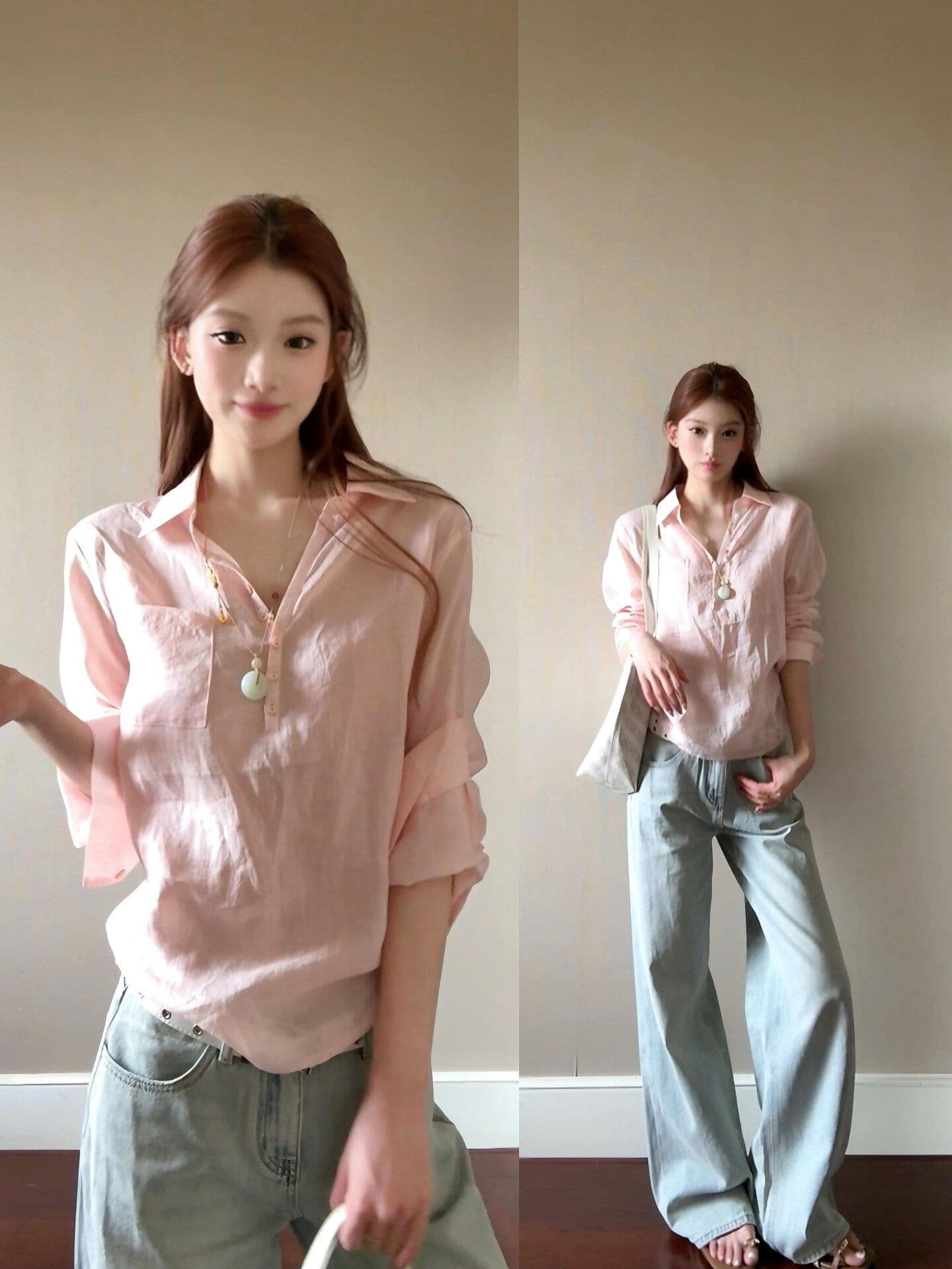 프랑스식 핑크색 POLO 칼라 자외선 차단 여성 셔츠 여름 디자인 센스 루즈핏 캐주얼 느긋한 바람 품격 맨위 이미지 2