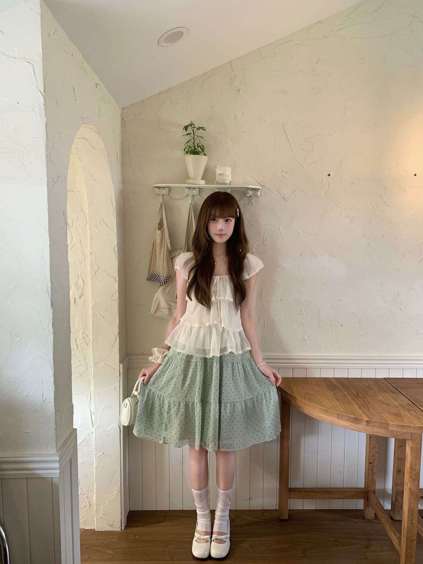 센 부서 소녀 도트 무늬 반신 스커트 여성 새로운 여름 작은 키 한 마디 퍼프 미니 스커트 중간 스커트 상세 이미지 5