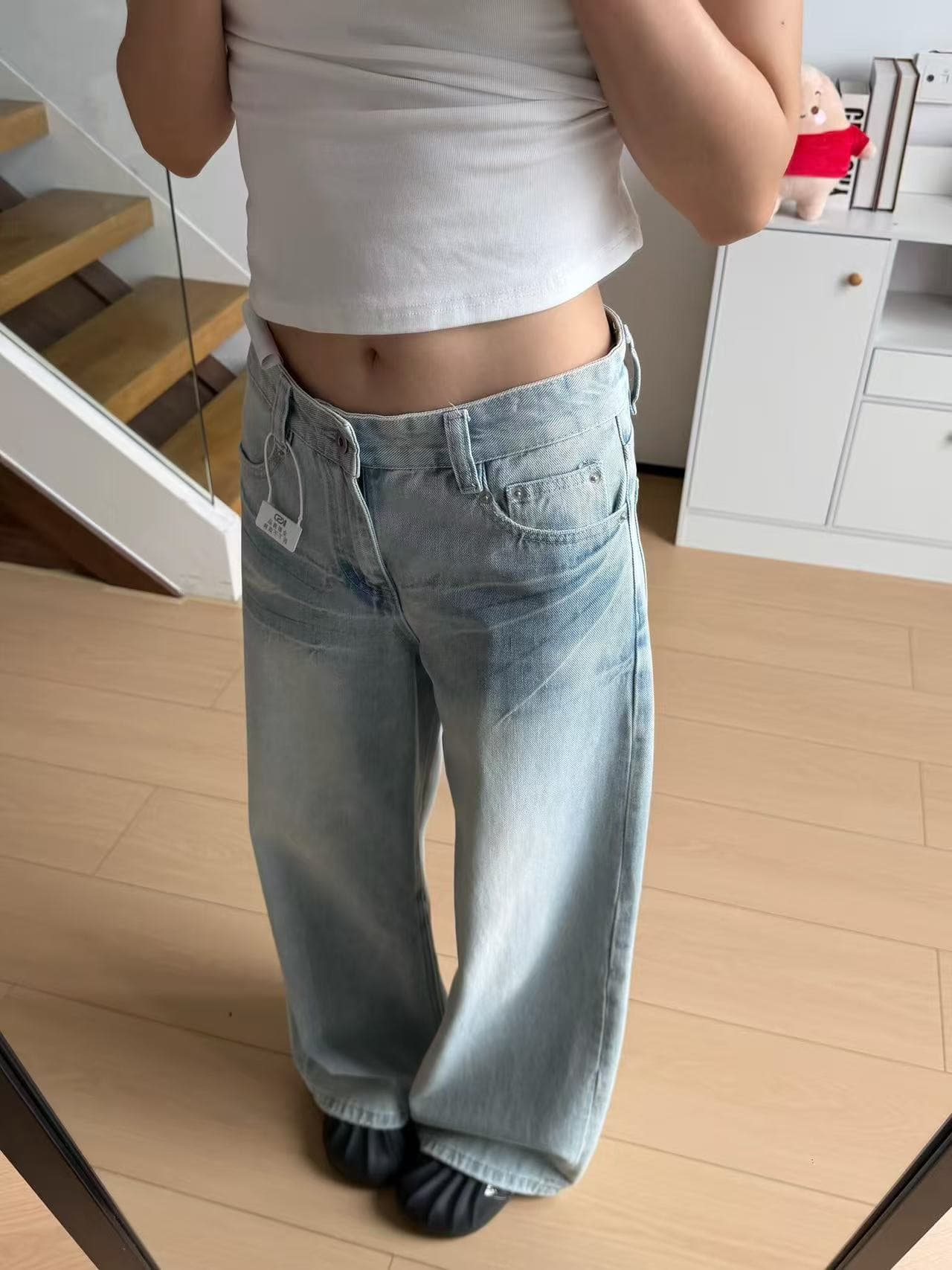 작은 키 아메리칸 하늘색 넓은 다리 청바지 여성 로우 웨이스트 루즈핏 다용도 슬림해 보이는 스트레이트 바닥 청소 바지 상세 이미지 3