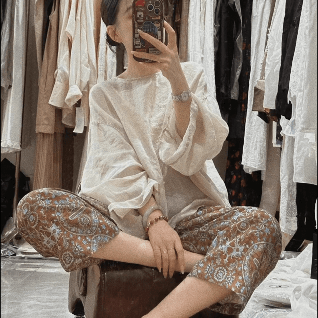 여름 새로운 작은 대중 디자인 허리밴드 다용도 레트로 꽃무늬 9부 바지 이미지 2