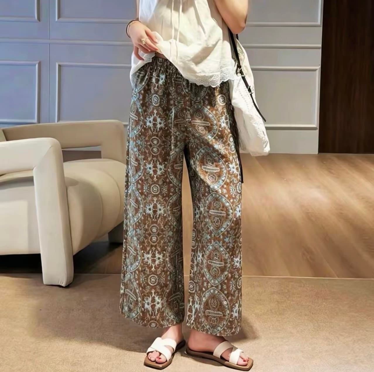 여름 새로운 작은 대중 디자인 허리밴드 다용도 레트로 꽃무늬 9부 바지 상세 이미지 8