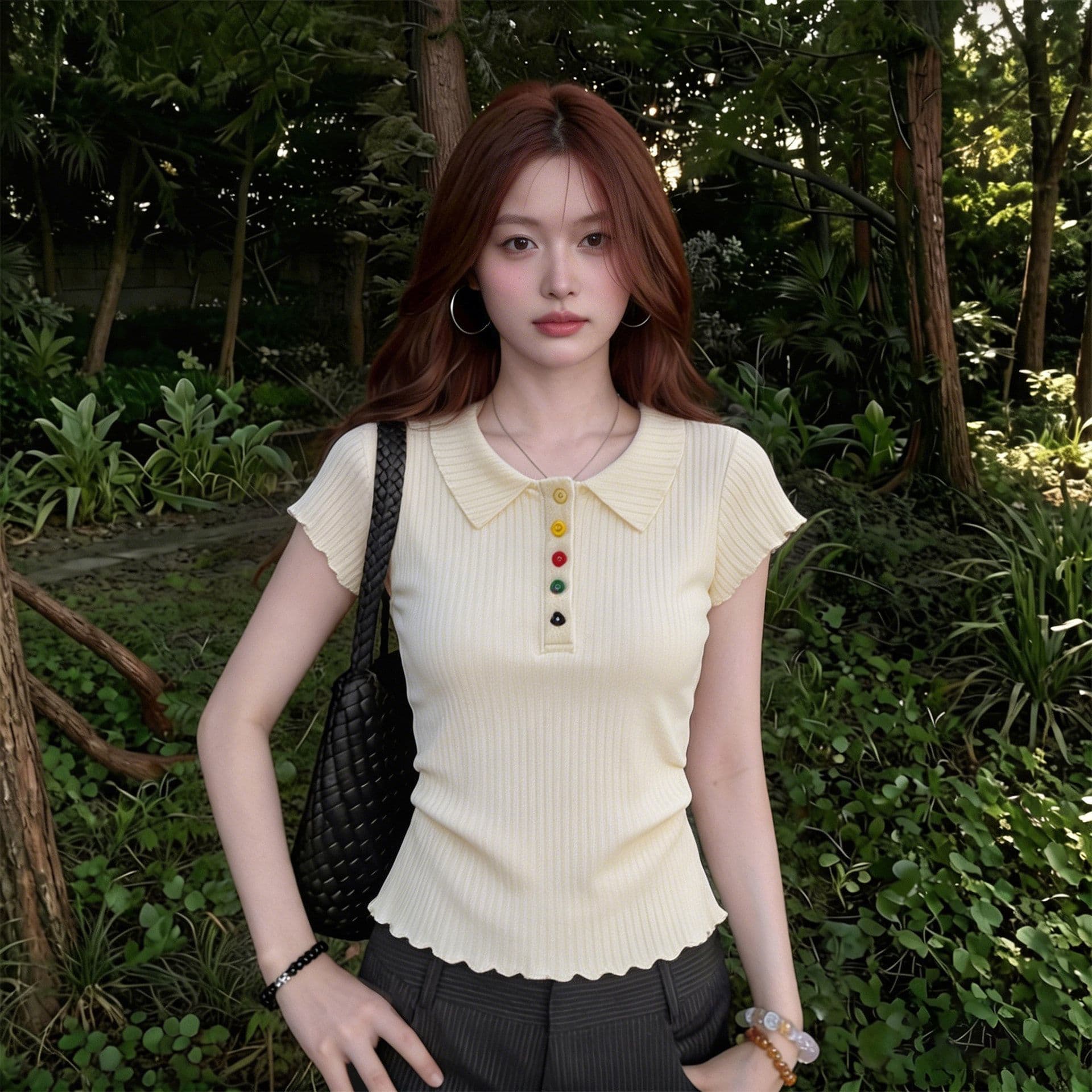 POLO 칼라 색상 단추 반팔 티셔츠 여성 여름 프릴 아름다운 허리 수축 주름 상세 이미지 1