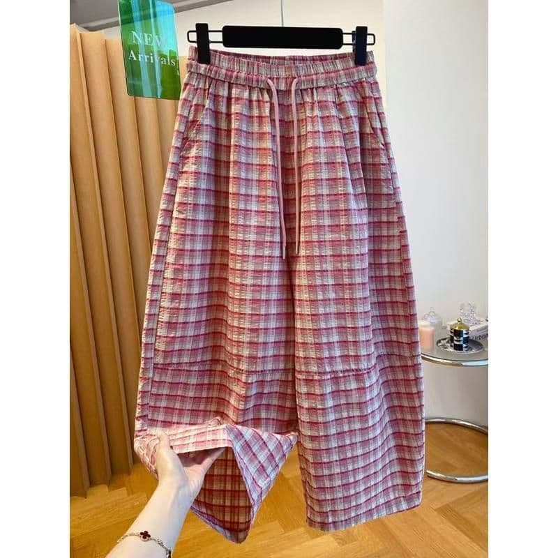 핑크색 체크무늬 모통이 칼 바지 여성 여름 새로운 패션 캐주얼 다용도 스트레이트 팬츠 와이드 레그 팬츠 슈퍼 잘 생긴 9부 바지 상세 이미지 2
