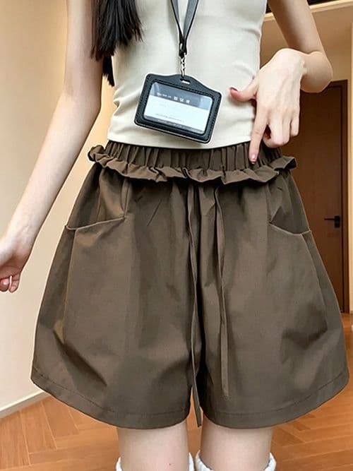 3 차원 허리 커피 색상 꽃밭 주름 허리 반바지 여름 하이웨이스트 루즈핏 느긋한 캐주얼 얇고 가벼운 3 점 넓은 다리 치마바지