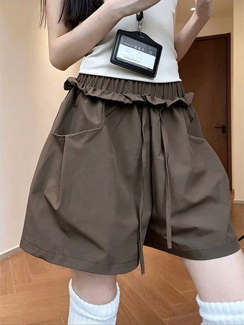 3 차원 허리 커피 색상 꽃밭 주름 허리 반바지 여름 하이웨이스트 루즈핏 느긋한 캐주얼 얇고 가벼운 3 점 넓은 다리 치마바지 이미지 2